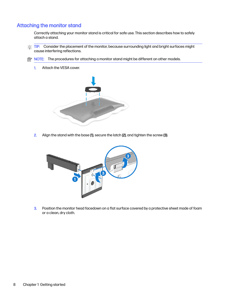 Attaching the monitor stand | HP OMEN 27s 27" HDR 240 Hz Gaming Monitor User Manual | Page 13 / 49
