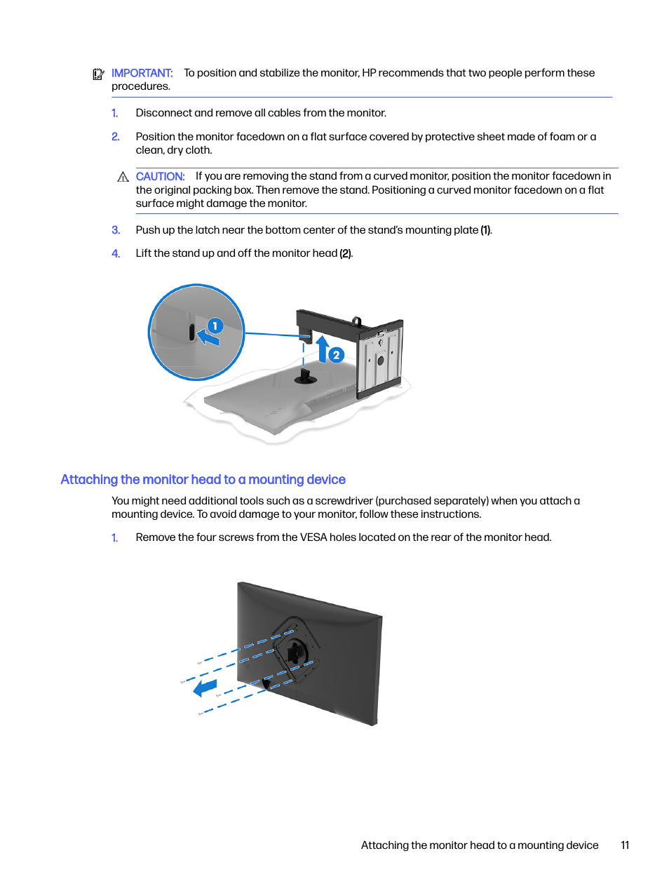 Attaching the monitor head to a mounting device | HP OMEN 27s 27" HDR 240 Hz Gaming Monitor User Manual | Page 16 / 49