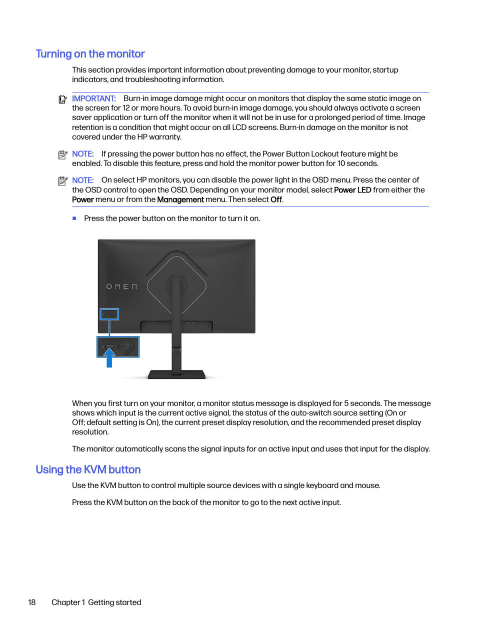 Turning on the monitor, Using the kvm button | HP OMEN 27s 27" HDR 240 Hz Gaming Monitor User Manual | Page 23 / 49