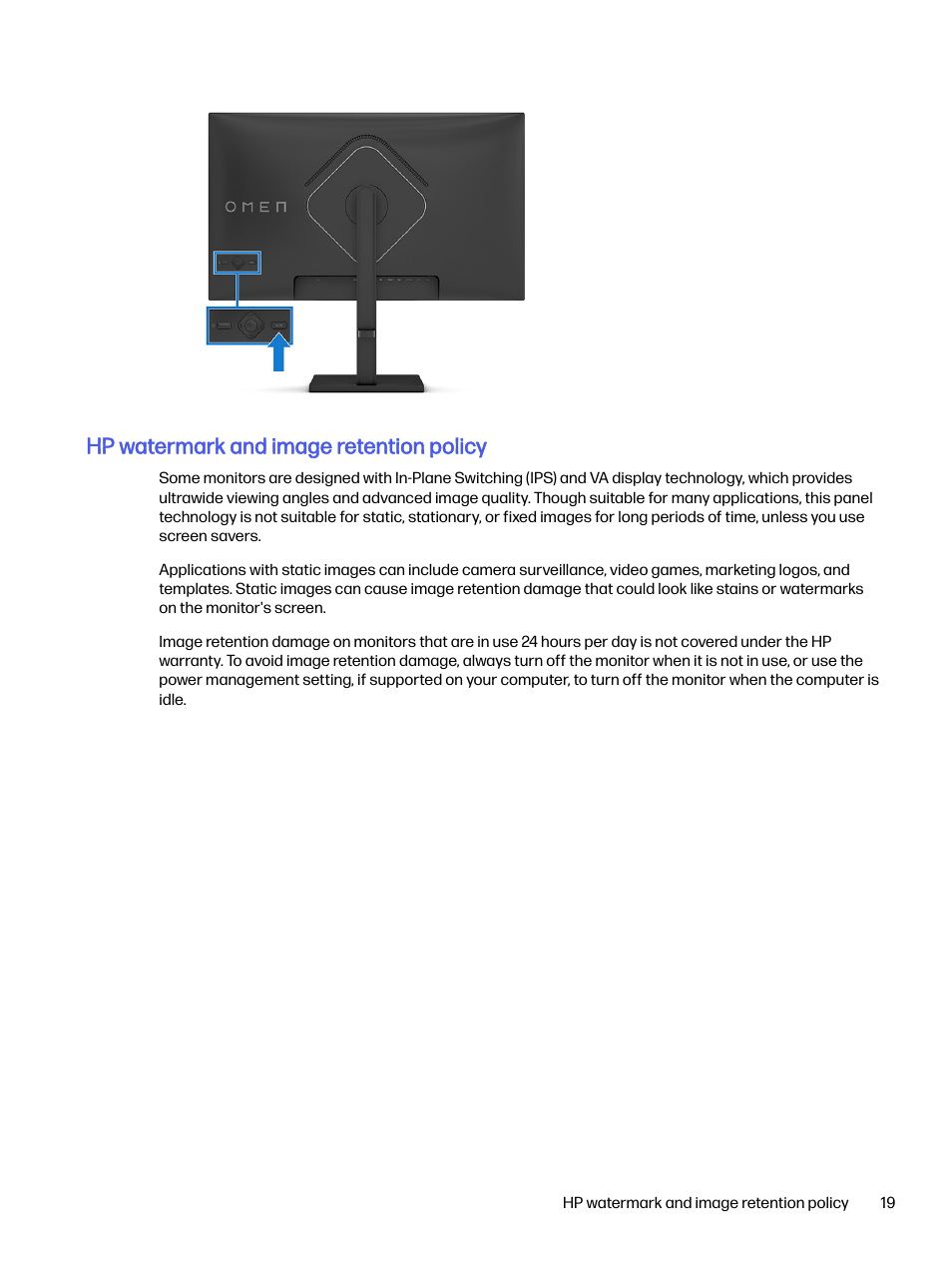 Hp watermark and image retention policy | HP OMEN 27s 27" HDR 240 Hz Gaming Monitor User Manual | Page 24 / 49