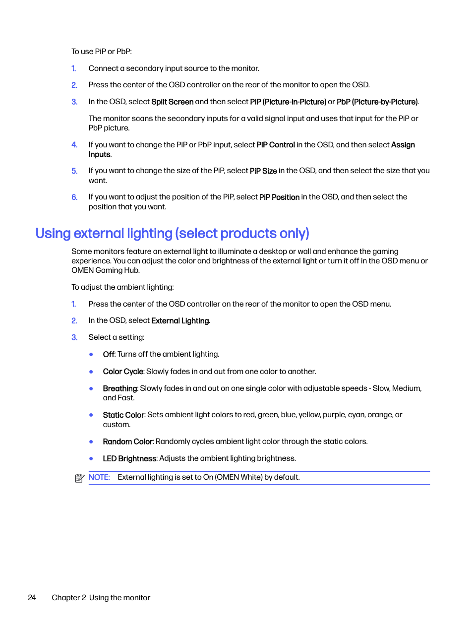 Using external lighting (select products only) | HP OMEN 27s 27" HDR 240 Hz Gaming Monitor User Manual | Page 29 / 49
