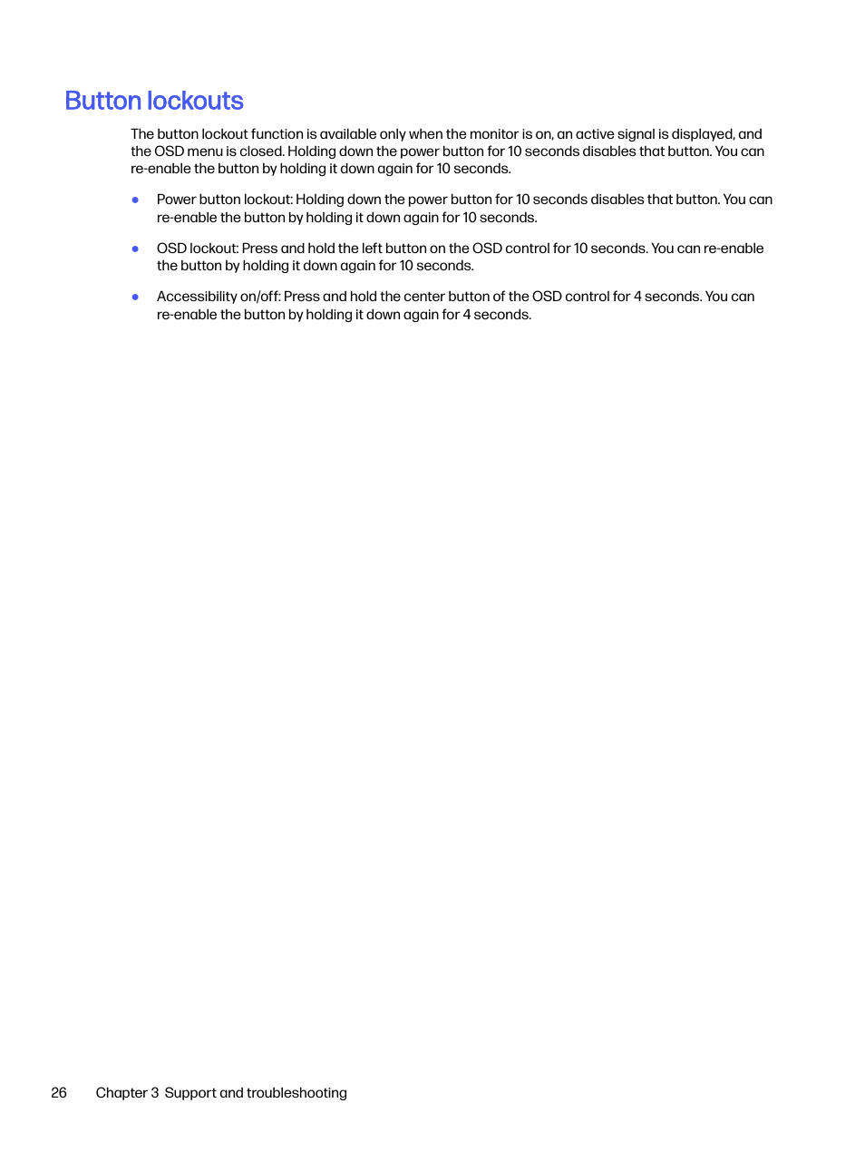 Button lockouts | HP OMEN 27s 27" HDR 240 Hz Gaming Monitor User Manual | Page 31 / 49