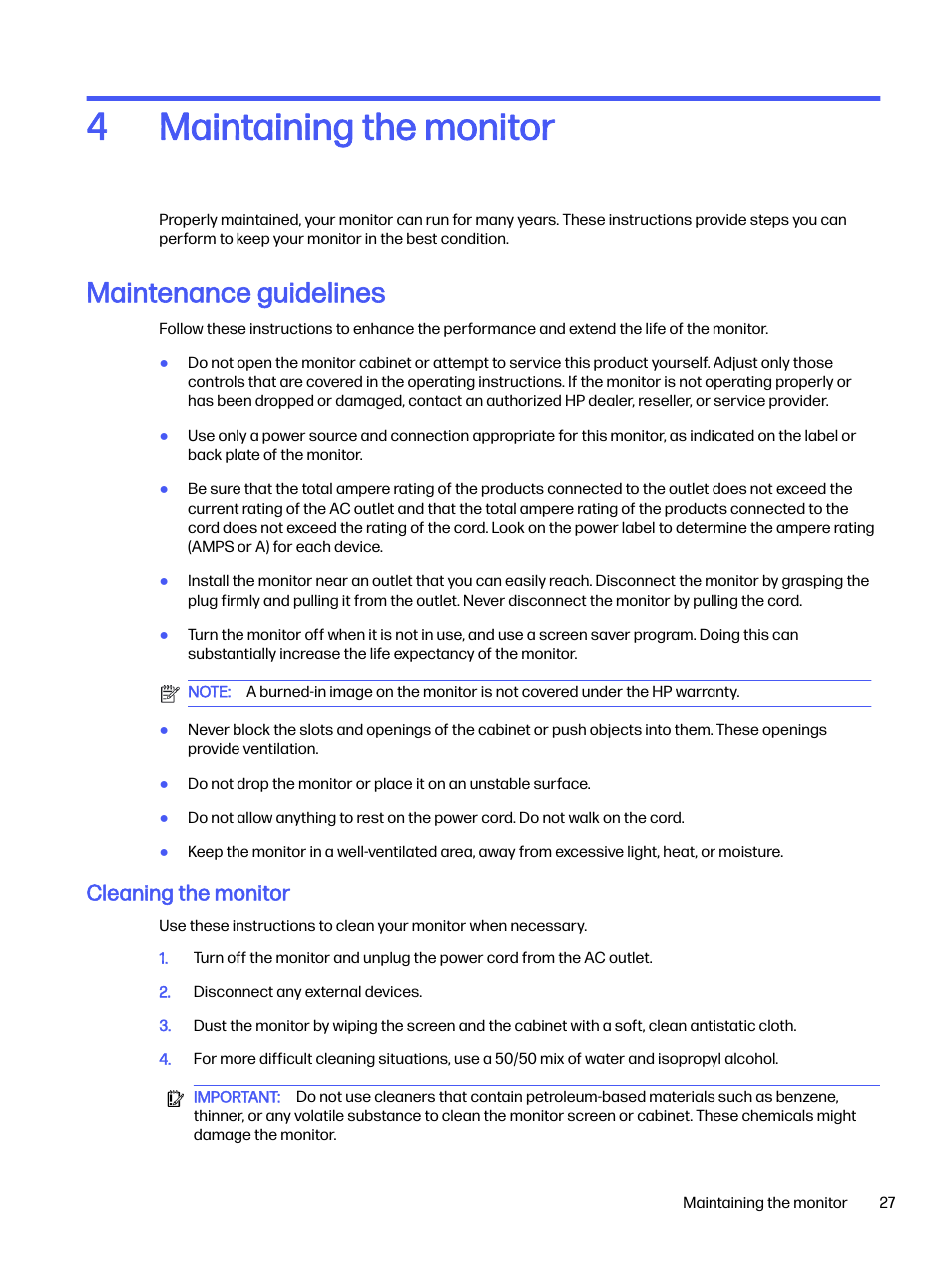 Maintaining the monitor, Maintenance guidelines, Cleaning the monitor | 4 maintaining the monitor, Maintaining the monitor 4 | HP OMEN 27s 27" HDR 240 Hz Gaming Monitor User Manual | Page 32 / 49