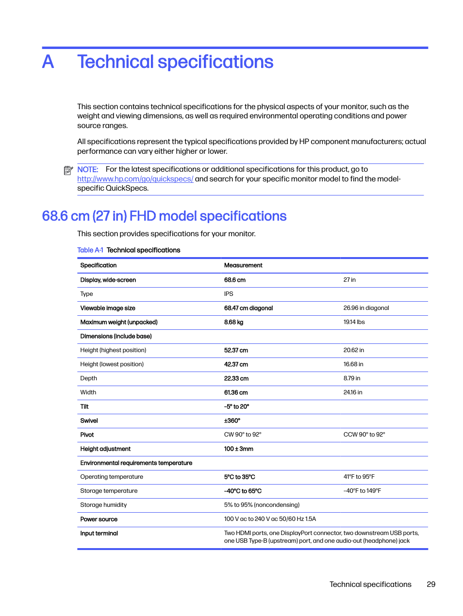 Technical specifications, 6 cm (27 in) fhd model specifications, Appendix a technical specifications | Technical specifications a | HP OMEN 27s 27" HDR 240 Hz Gaming Monitor User Manual | Page 34 / 49