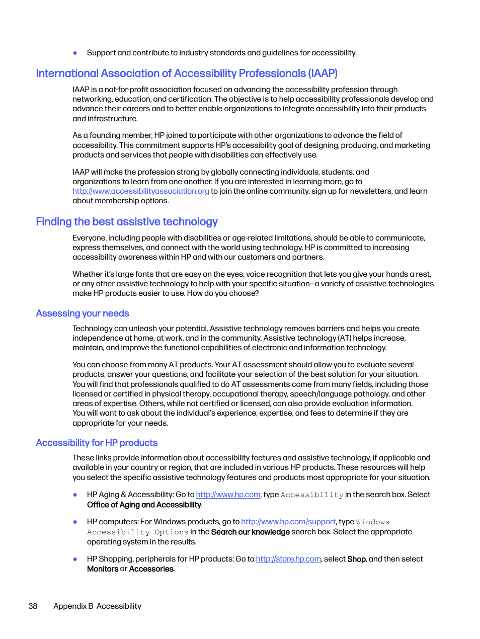 Finding the best assistive technology, Assessing your needs, Accessibility for hp products | HP OMEN 27s 27" HDR 240 Hz Gaming Monitor User Manual | Page 43 / 49