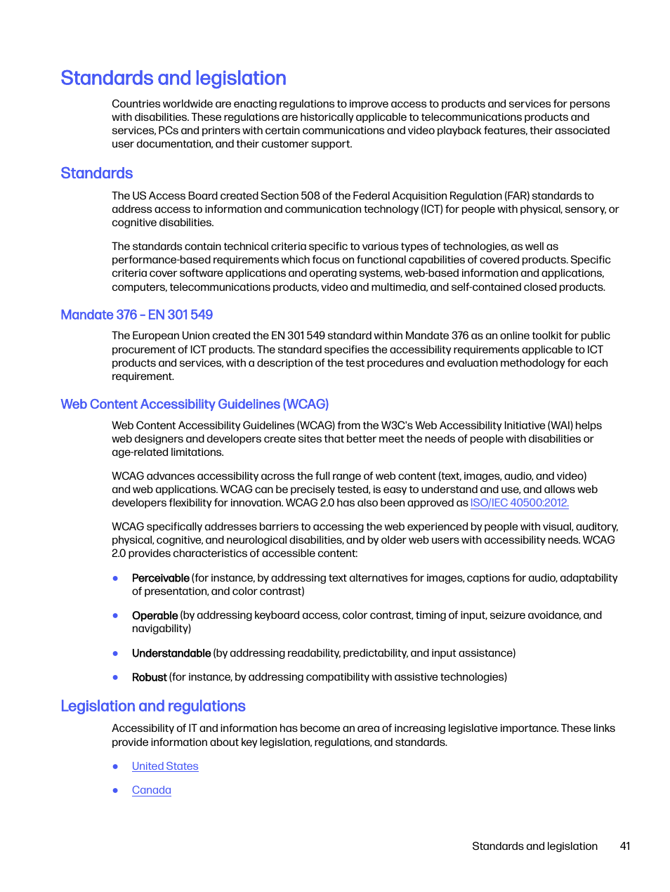 Standards and legislation, Standards, Mandate 376 – en 301 549 | Web content accessibility guidelines (wcag), Legislation and regulations | HP OMEN 27s 27" HDR 240 Hz Gaming Monitor User Manual | Page 46 / 49