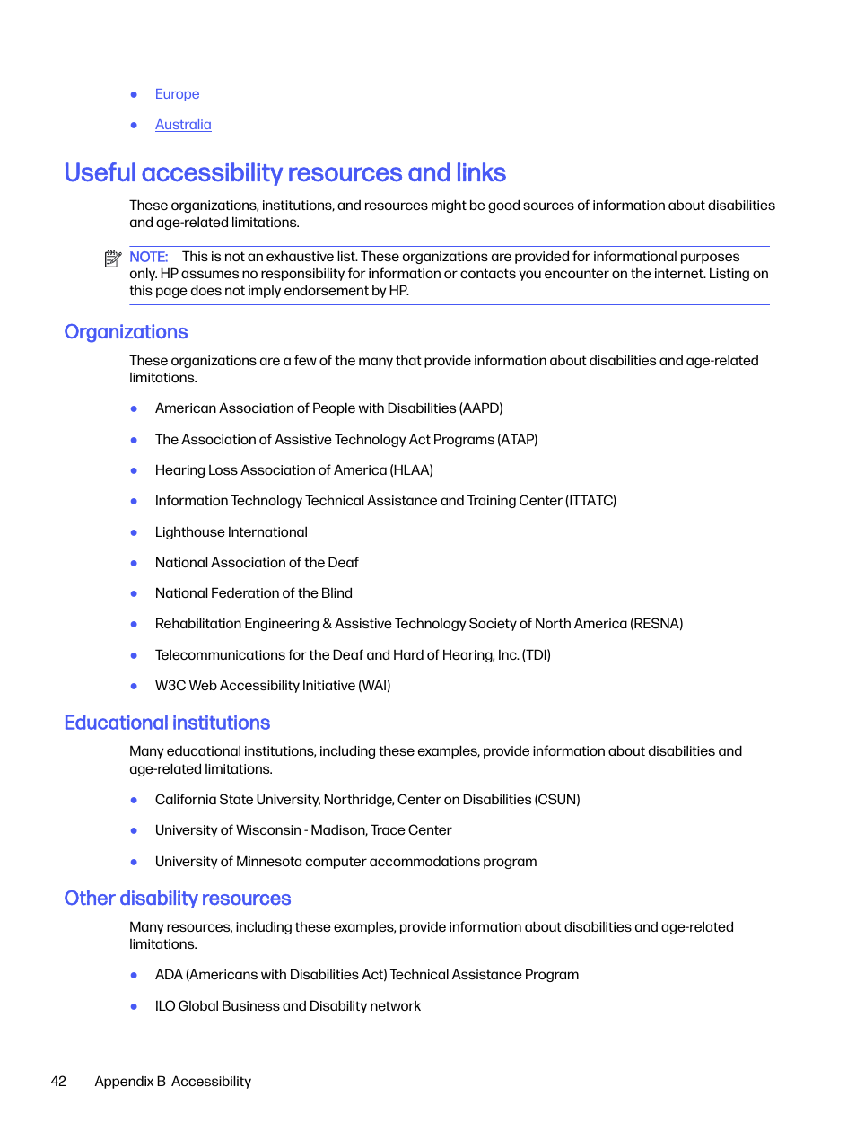 Useful accessibility resources and links, Organizations, Educational institutions | Other disability resources | HP OMEN 27s 27" HDR 240 Hz Gaming Monitor User Manual | Page 47 / 49