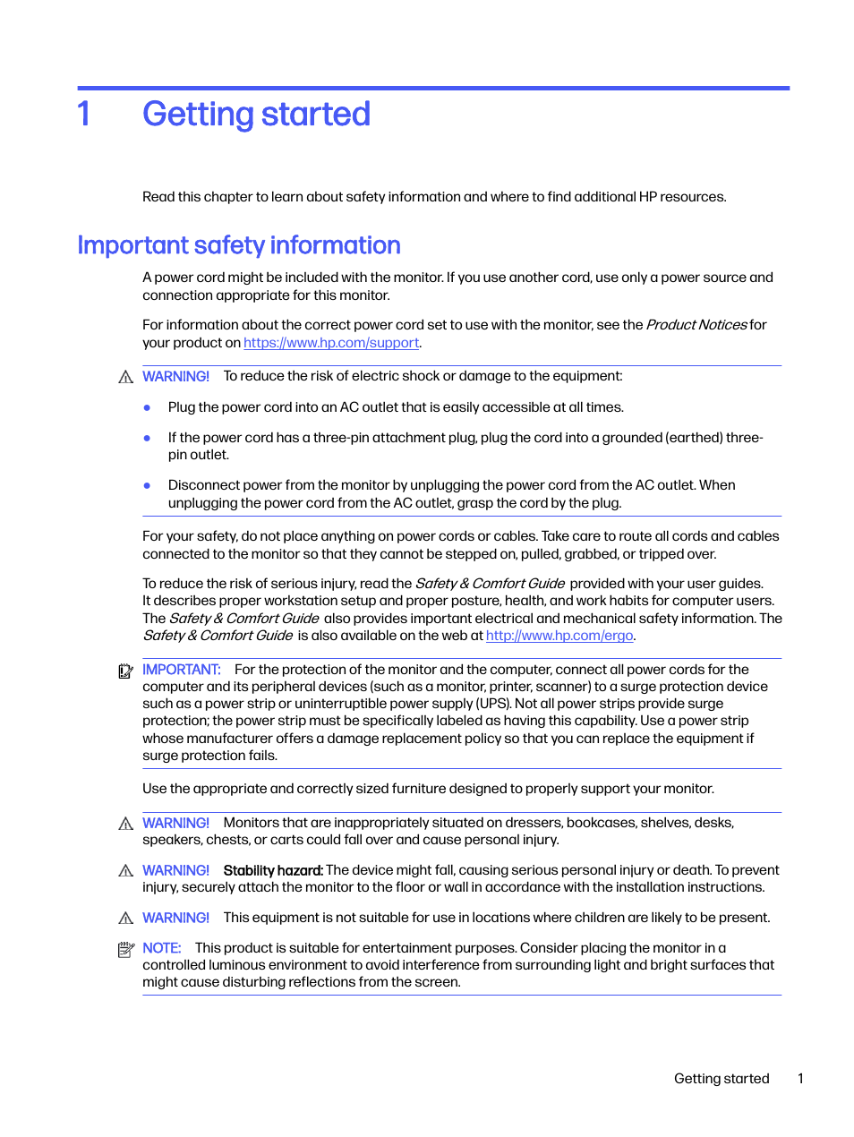 Getting started, Important safety information, 1 getting started | Getting started 1 | HP OMEN 27s 27" HDR 240 Hz Gaming Monitor User Manual | Page 6 / 49