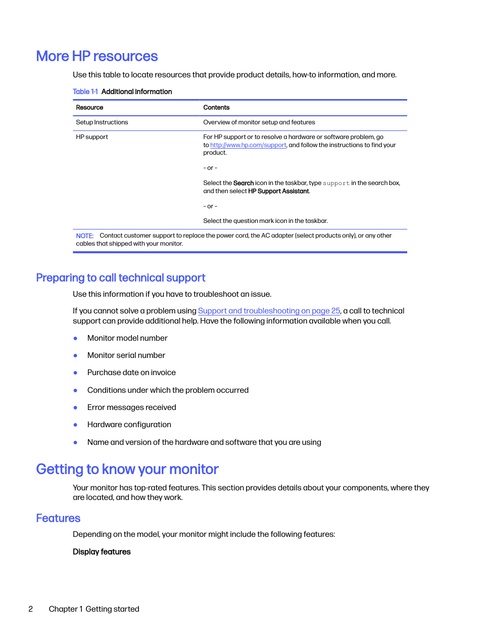 More hp resources, Preparing to call technical support, Getting to know your monitor | Features | HP OMEN 27s 27" HDR 240 Hz Gaming Monitor User Manual | Page 7 / 49