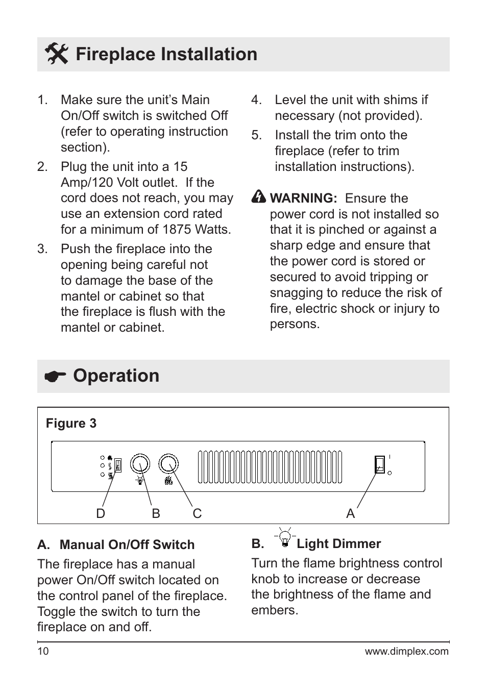 Fireplace installation, Operation | Dimplex DFB6016 User Manual | Page 10 / 19