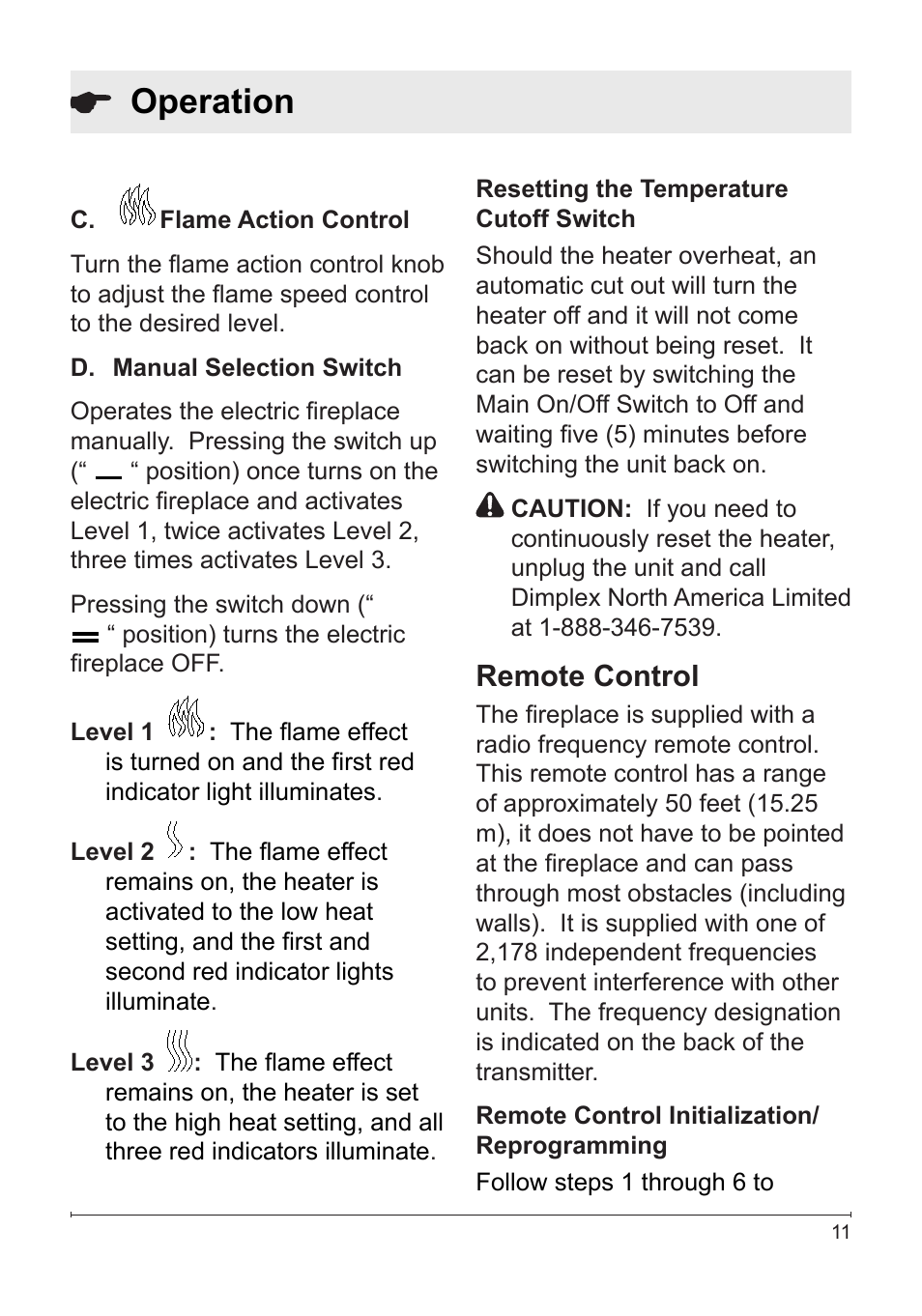 Operation, Remote control | Dimplex DFB6016 User Manual | Page 11 / 19