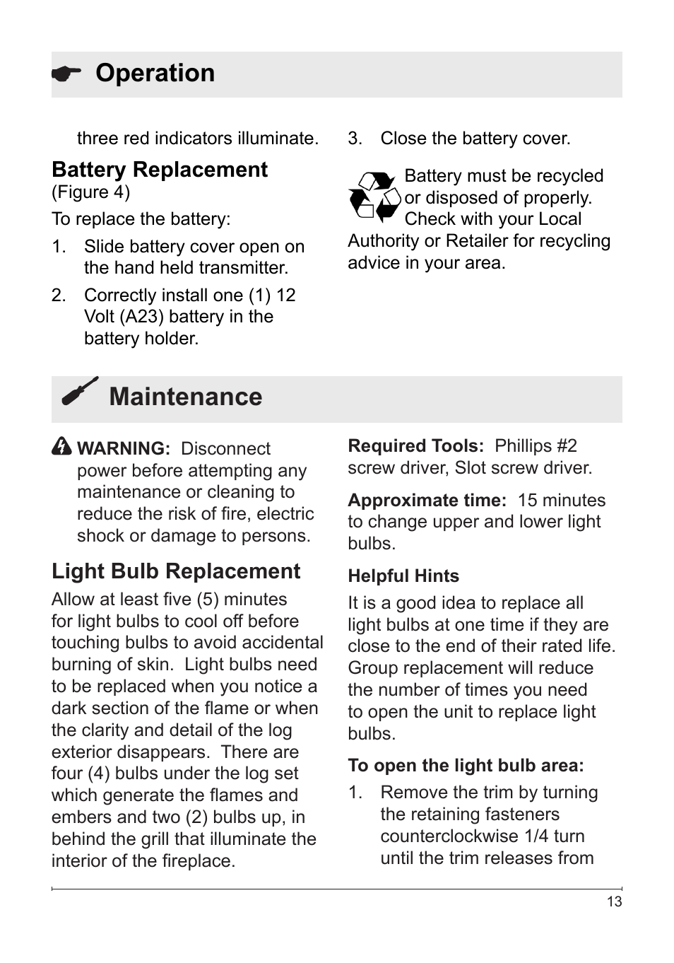Maintenance, Operation, Battery replacement | Light bulb replacement | Dimplex DFB6016 User Manual | Page 13 / 19