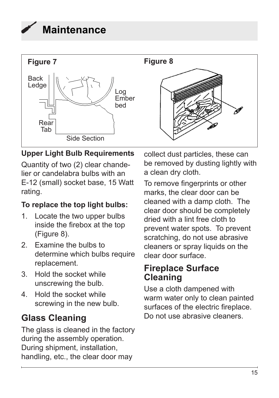 Maintenance, Glass cleaning, Fireplace surface cleaning | Dimplex DFB6016 User Manual | Page 15 / 19