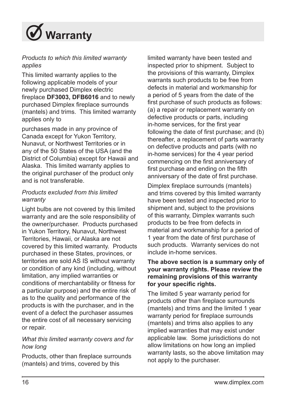 Warranty | Dimplex DFB6016 User Manual | Page 16 / 19
