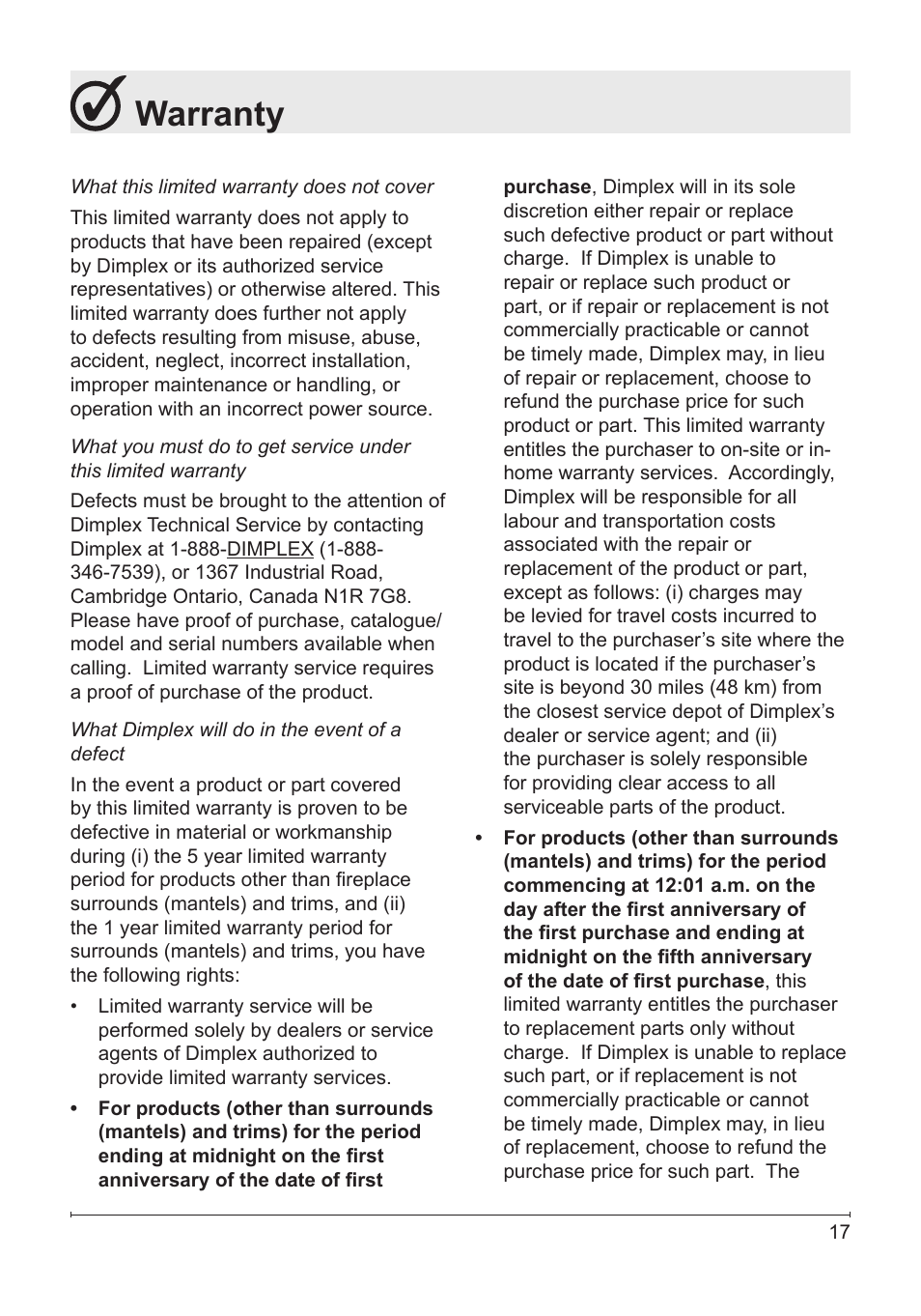 Warranty | Dimplex DFB6016 User Manual | Page 17 / 19