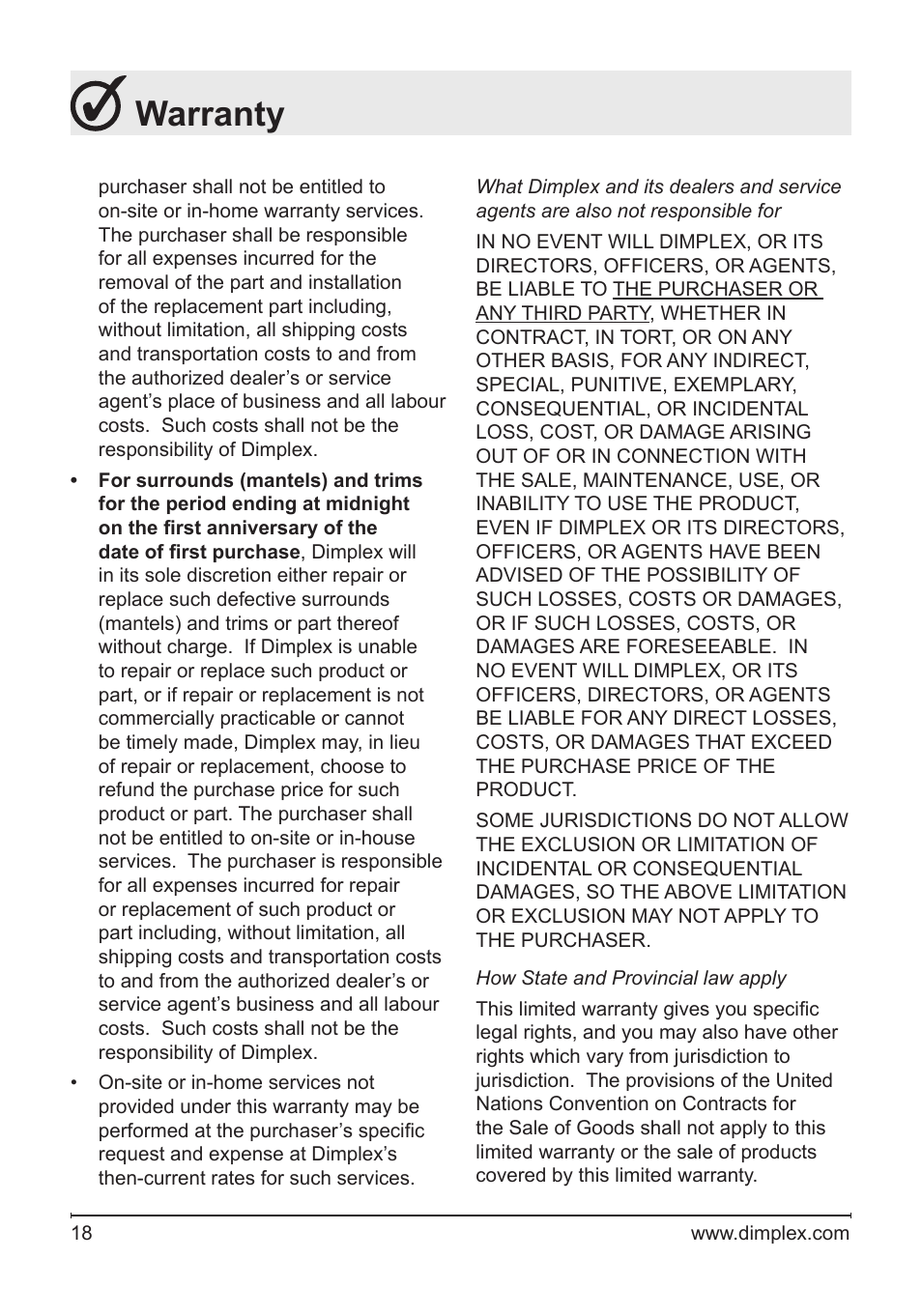 Warranty | Dimplex DFB6016 User Manual | Page 18 / 19