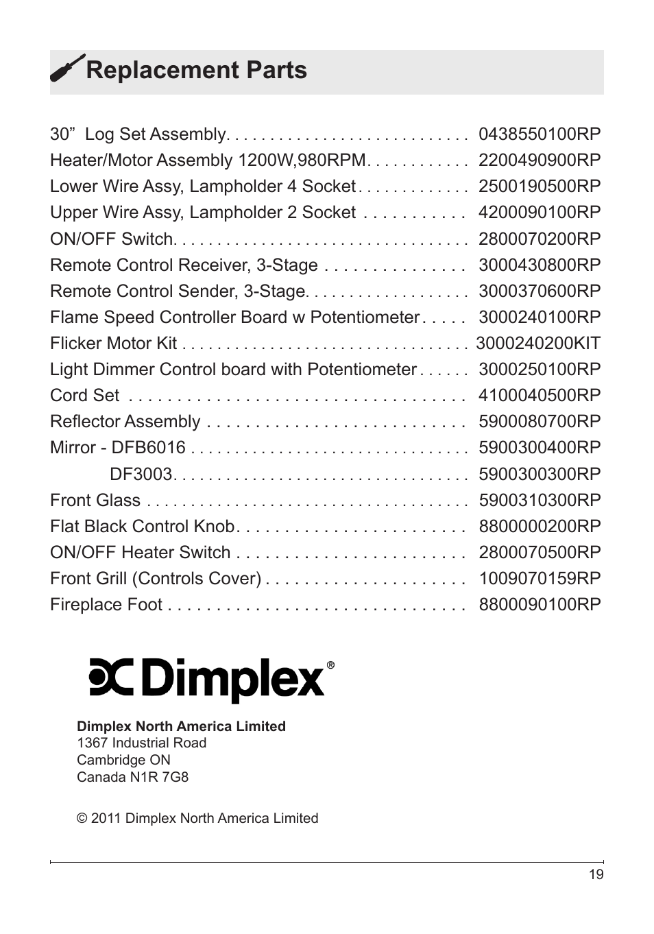 Replacement parts | Dimplex DFB6016 User Manual | Page 19 / 19