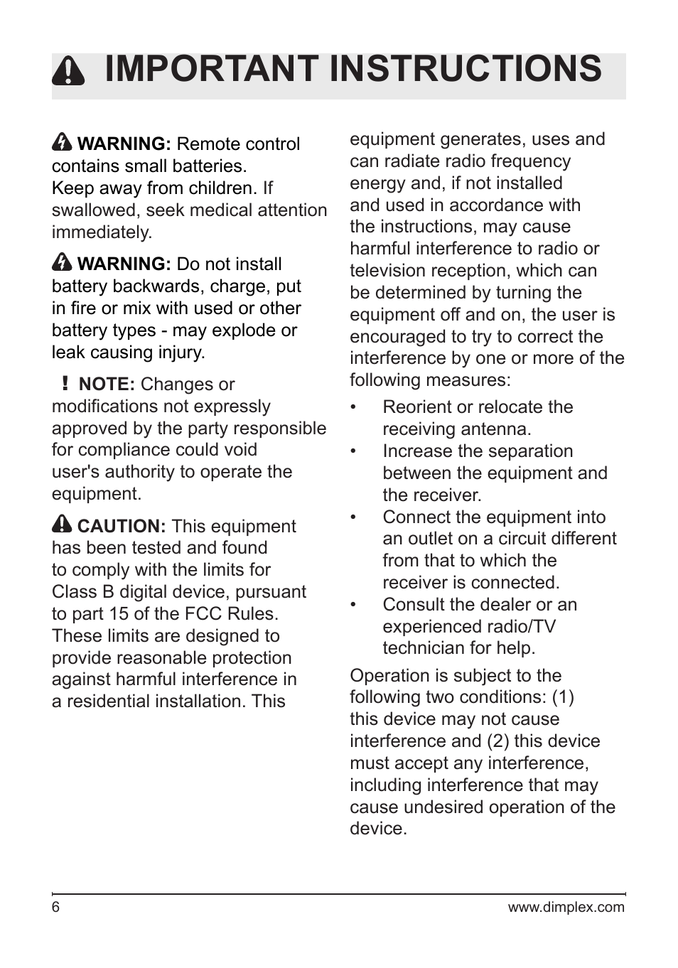 Important instructions | Dimplex DFB6016 User Manual | Page 6 / 19