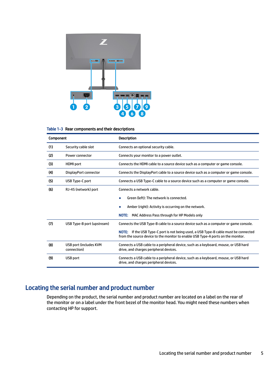 Locating the serial number and product number | HP Z34C G3 34" 21:9 Curved WQHD IPS Monitor User Manual | Page 10 / 45