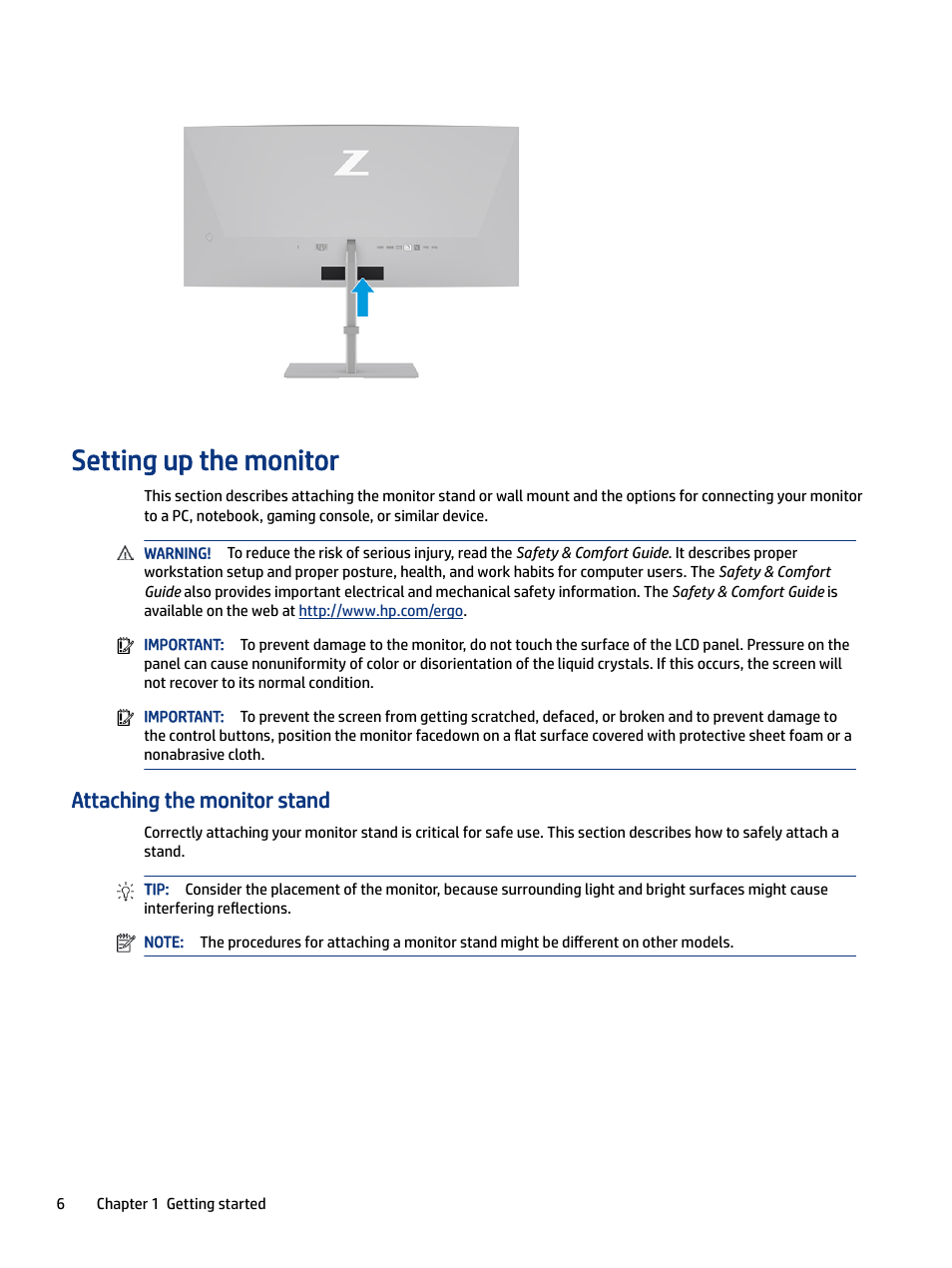 Setting up the monitor, Attaching the monitor stand | HP Z34C G3 34" 21:9 Curved WQHD IPS Monitor User Manual | Page 11 / 45