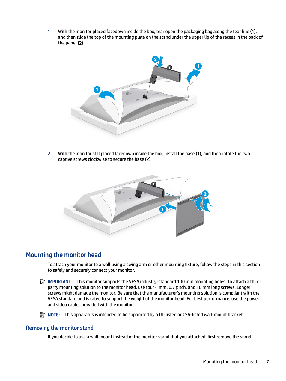 Mounting the monitor head, Removing the monitor stand | HP Z34C G3 34" 21:9 Curved WQHD IPS Monitor User Manual | Page 12 / 45