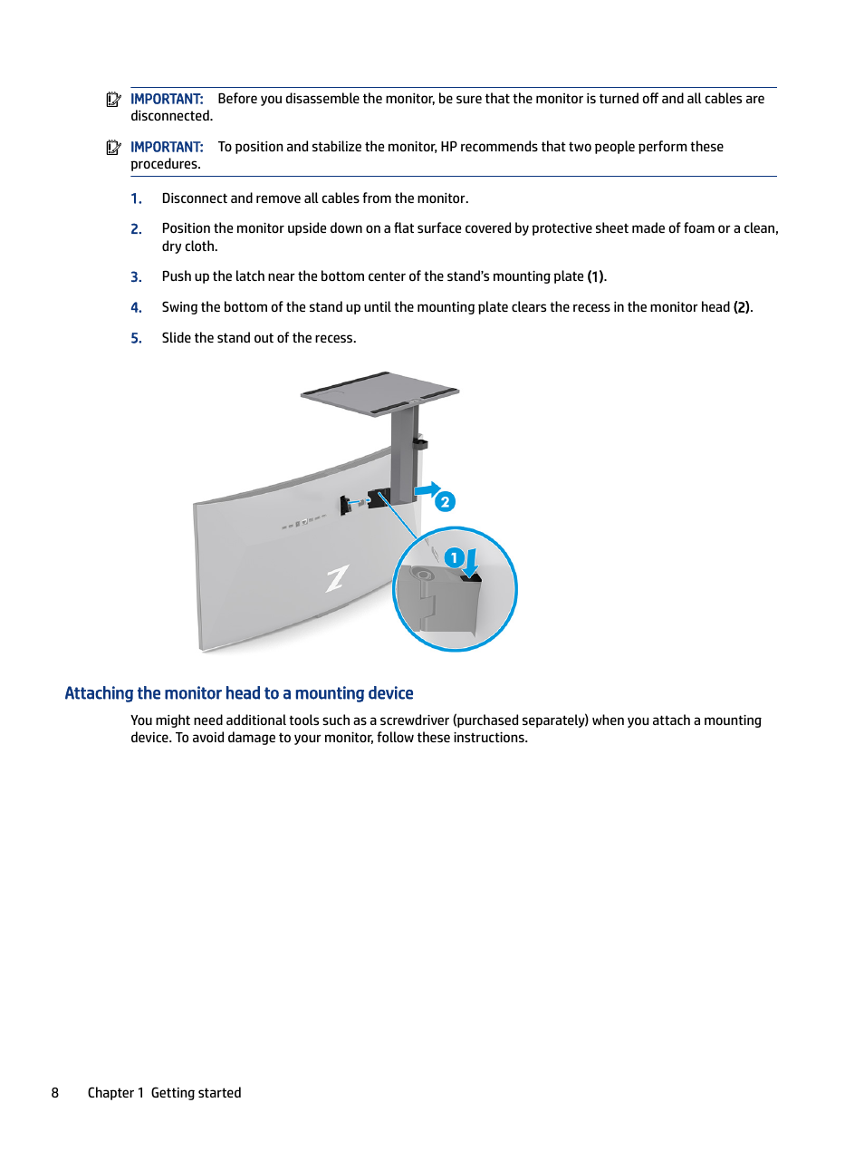 Attaching the monitor head to a mounting device | HP Z34C G3 34" 21:9 Curved WQHD IPS Monitor User Manual | Page 13 / 45