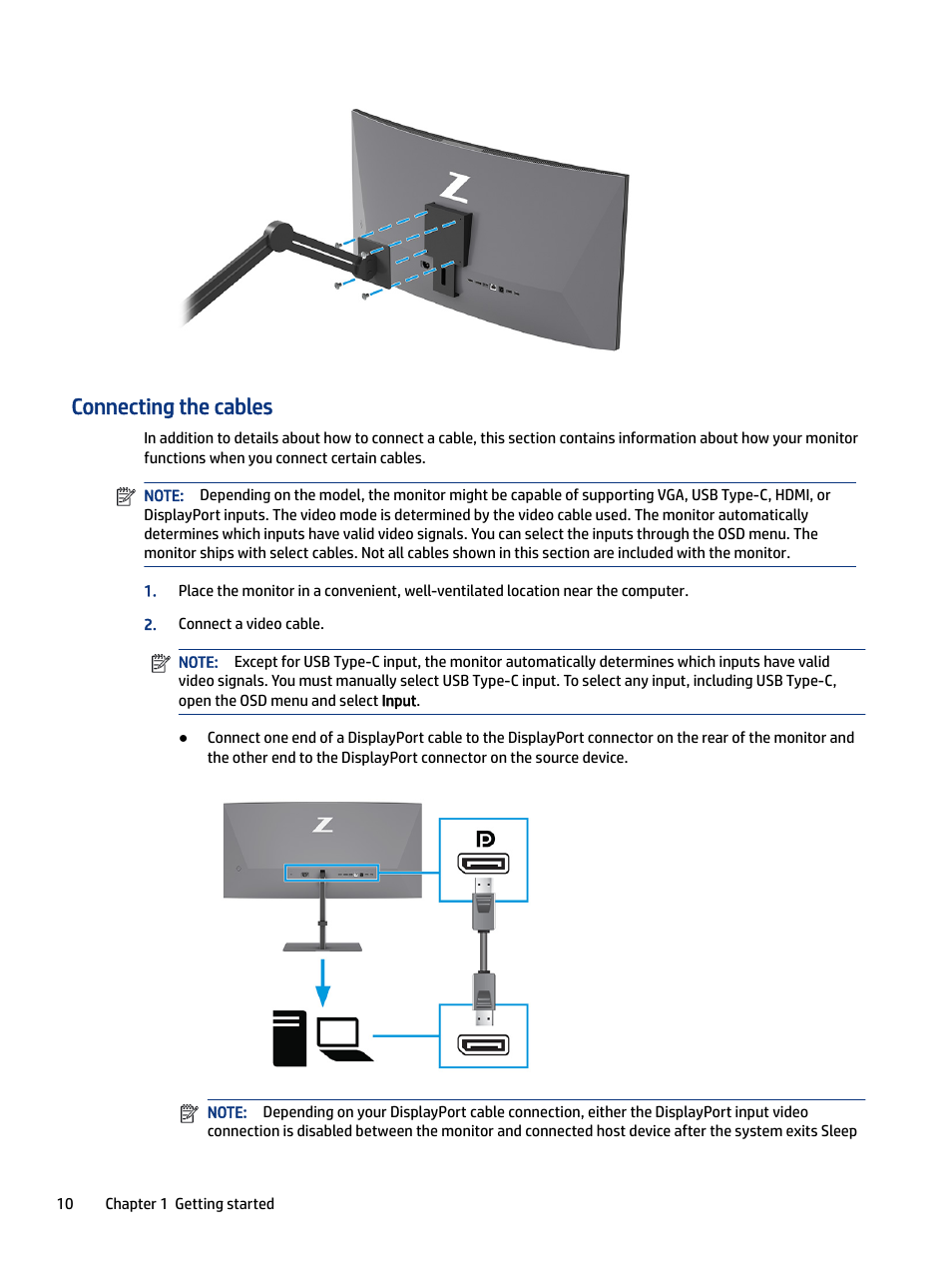 Connecting the cables | HP Z34C G3 34" 21:9 Curved WQHD IPS Monitor User Manual | Page 15 / 45