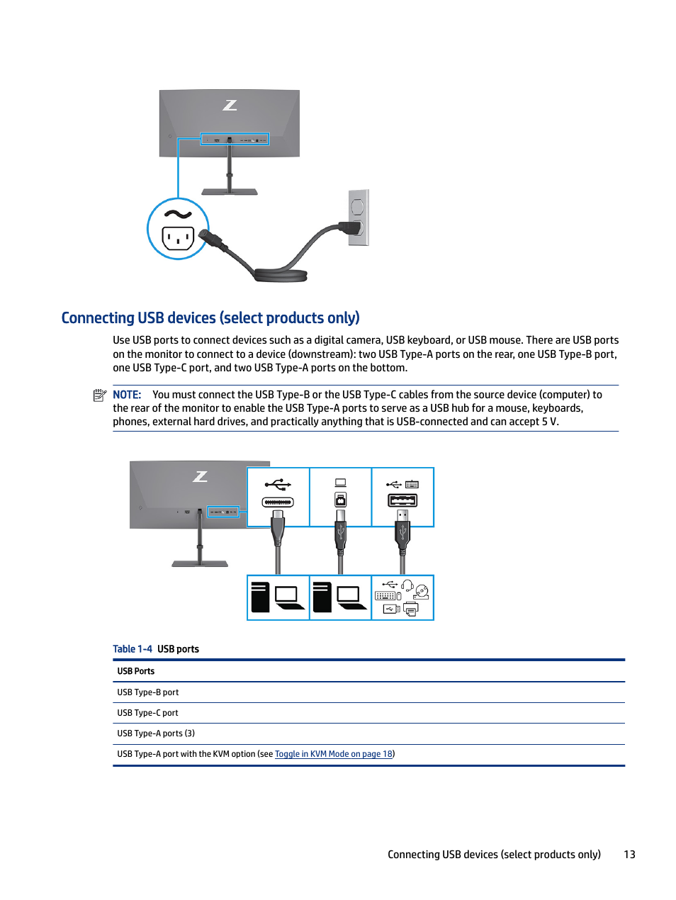 Connecting usb devices (select products only), Ports on the monitor. for more information, see | HP Z34C G3 34" 21:9 Curved WQHD IPS Monitor User Manual | Page 18 / 45