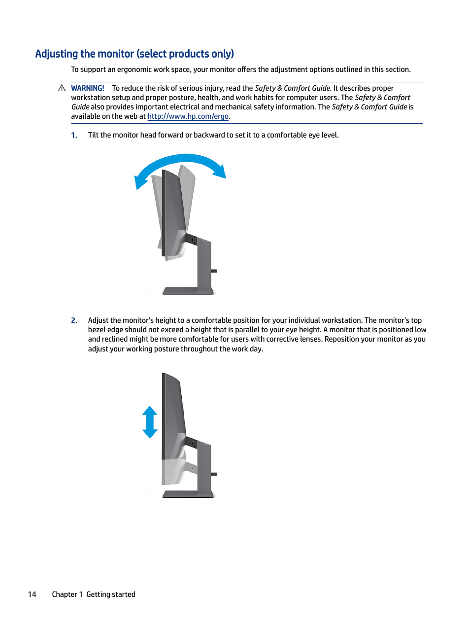 Adjusting the monitor (select products only) | HP Z34C G3 34" 21:9 Curved WQHD IPS Monitor User Manual | Page 19 / 45