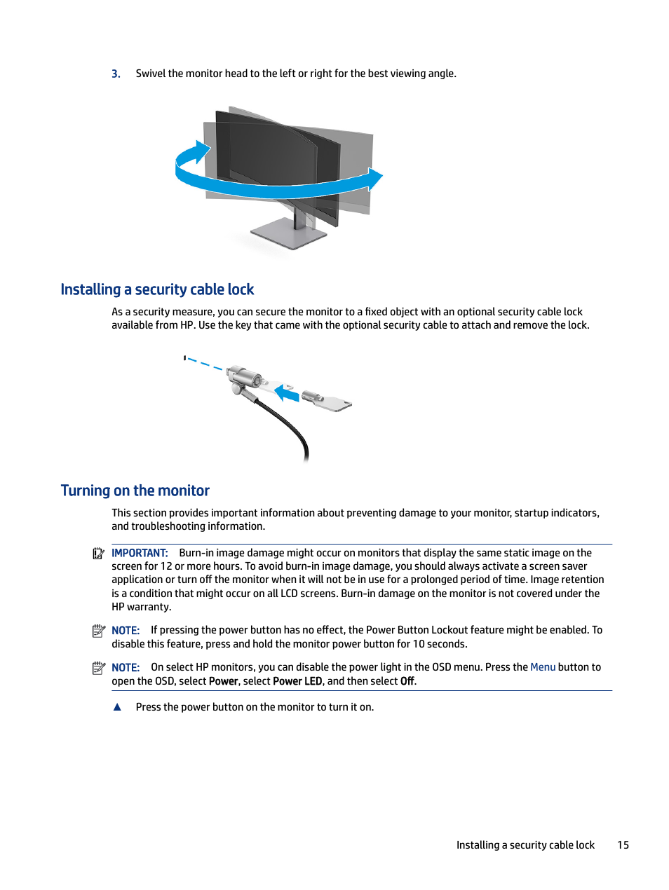Installing a security cable lock, Turning on the monitor | HP Z34C G3 34" 21:9 Curved WQHD IPS Monitor User Manual | Page 20 / 45