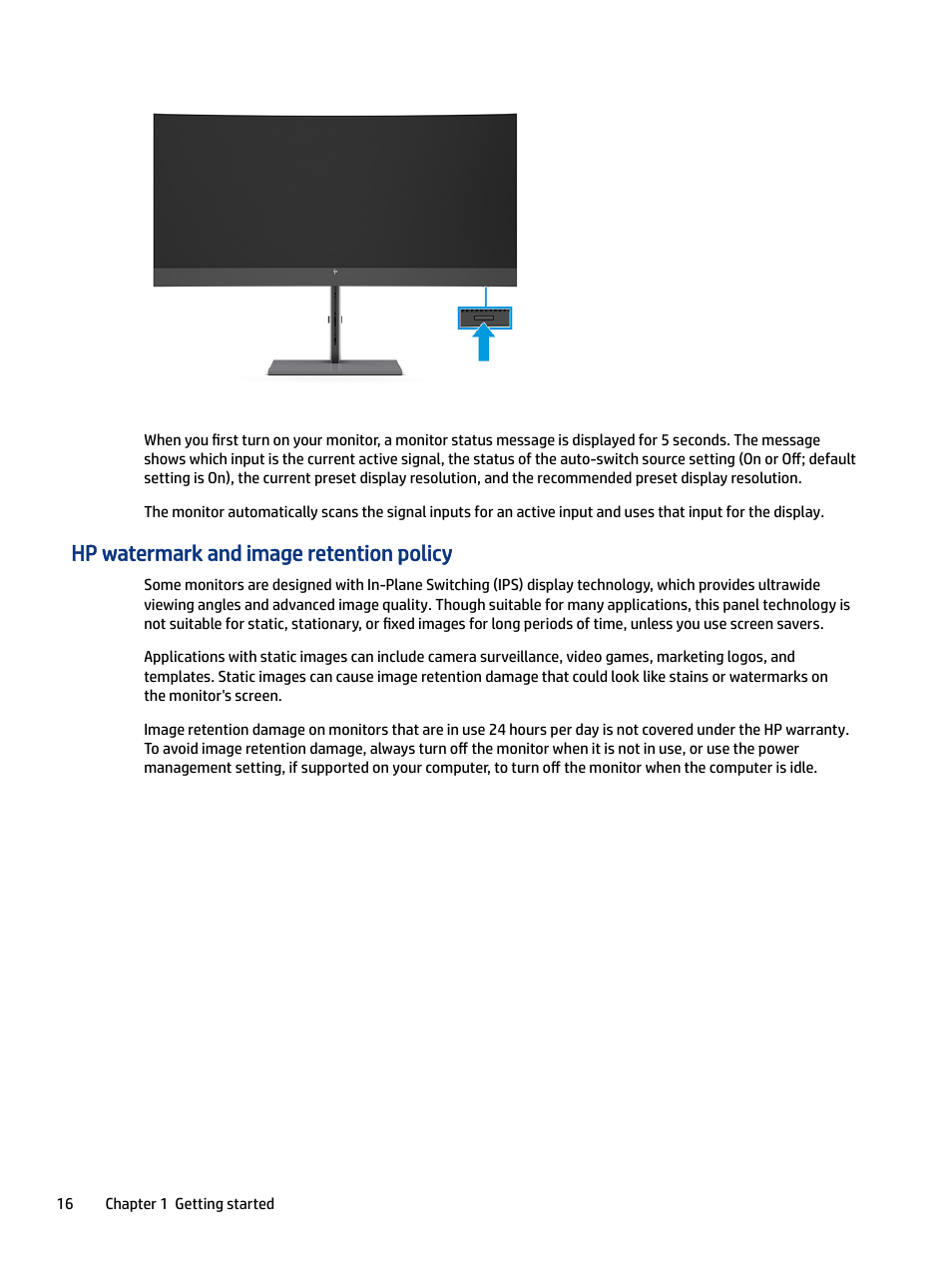 Hp watermark and image retention policy | HP Z34C G3 34" 21:9 Curved WQHD IPS Monitor User Manual | Page 21 / 45