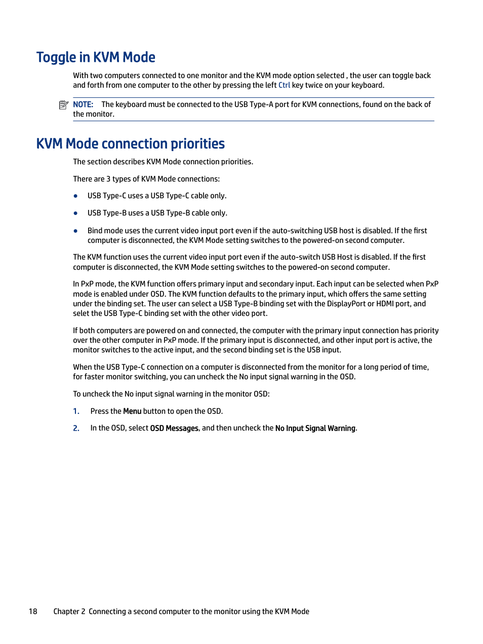Toggle in kvm mode, Kvm mode connection priorities | HP Z34C G3 34" 21:9 Curved WQHD IPS Monitor User Manual | Page 23 / 45