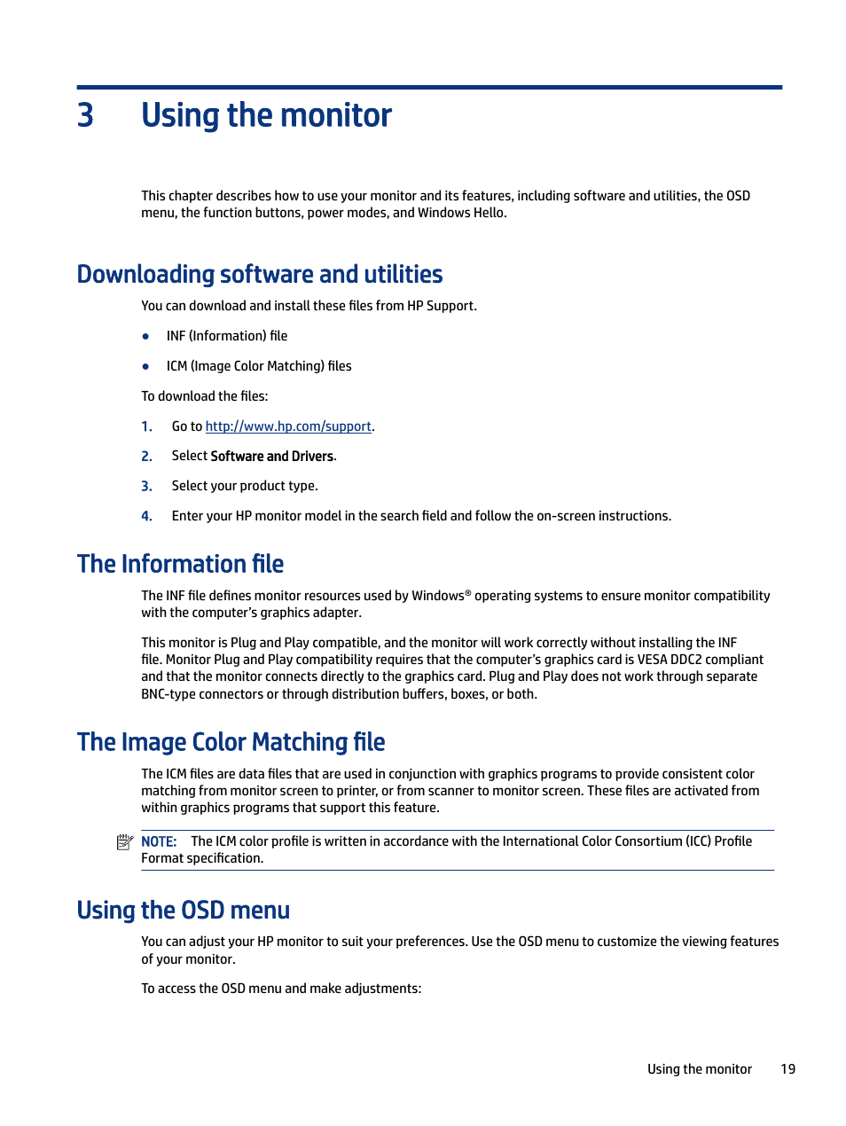 Using the monitor, Downloading software and utilities, The information file | The image color matching file, Using the osd menu, Sing the monitor, Using the monitor 3 | HP Z34C G3 34" 21:9 Curved WQHD IPS Monitor User Manual | Page 24 / 45