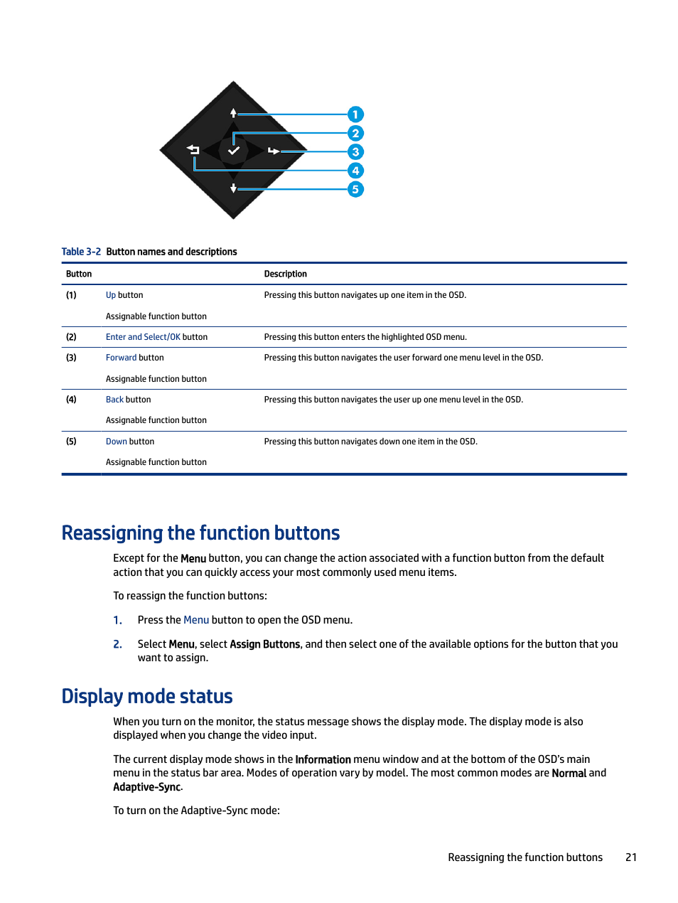 Reassigning the function buttons, Display mode status | HP Z34C G3 34" 21:9 Curved WQHD IPS Monitor User Manual | Page 26 / 45