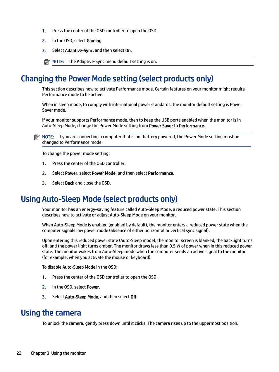 Using auto-sleep mode (select products only), Using the camera | HP Z34C G3 34" 21:9 Curved WQHD IPS Monitor User Manual | Page 27 / 45