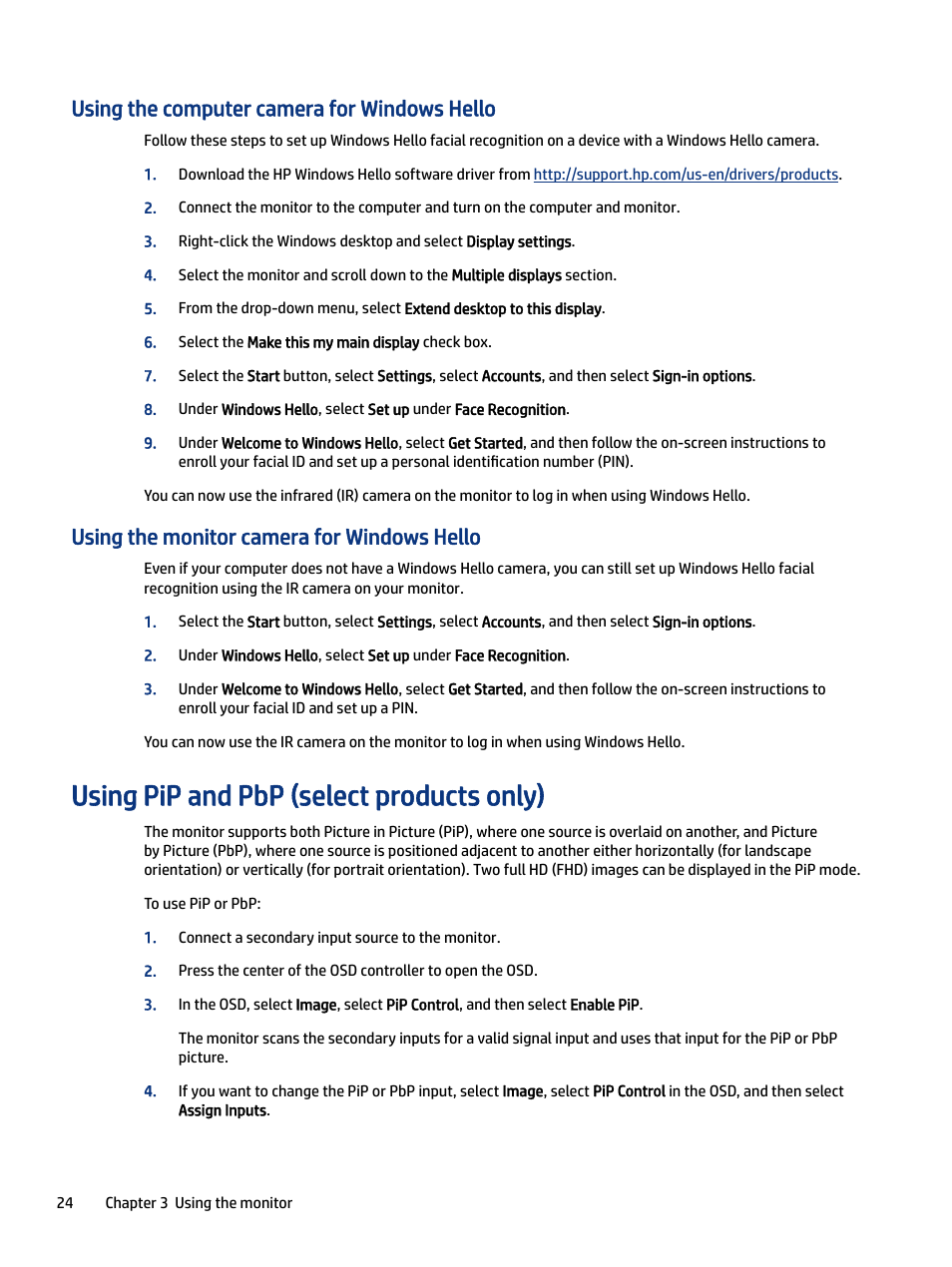 Using the computer camera for windows hello, Using the monitor camera for windows hello, Using pip and pbp (select products only) | HP Z34C G3 34" 21:9 Curved WQHD IPS Monitor User Manual | Page 29 / 45