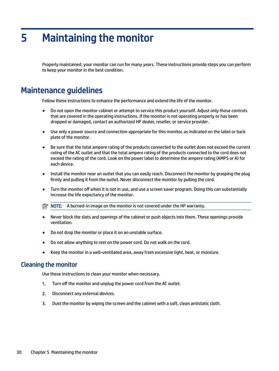 Maintaining the monitor, Maintenance guidelines, Cleaning the monitor | Cleaning the monitor shipping the monitor, Maintaining the monitor 5 | HP Z34C G3 34" 21:9 Curved WQHD IPS Monitor User Manual | Page 35 / 45