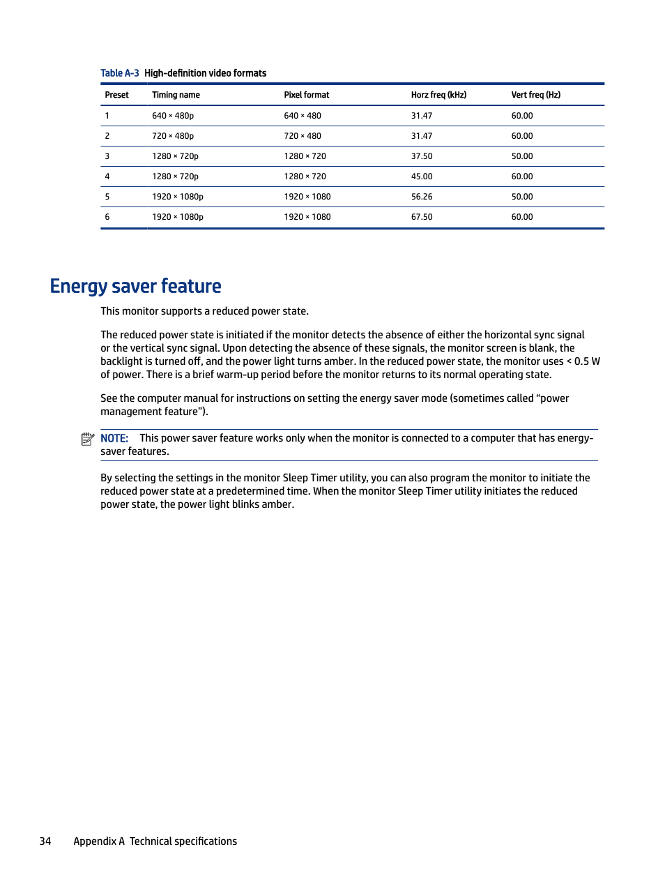 Energy saver feature | HP Z34C G3 34" 21:9 Curved WQHD IPS Monitor User Manual | Page 39 / 45