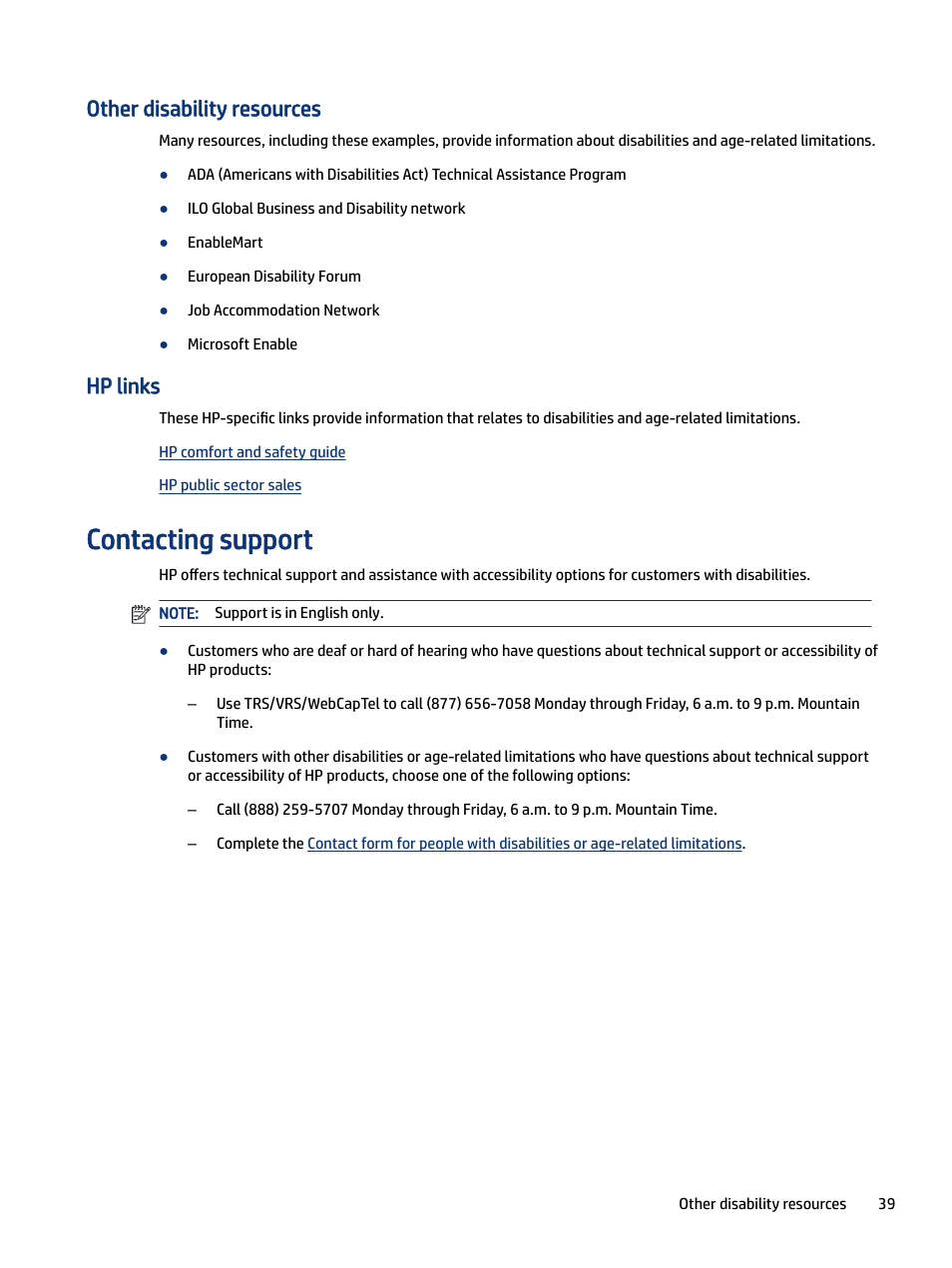 Other disability resources, Hp links, Contacting support | Contacting support on | HP Z34C G3 34" 21:9 Curved WQHD IPS Monitor User Manual | Page 44 / 45