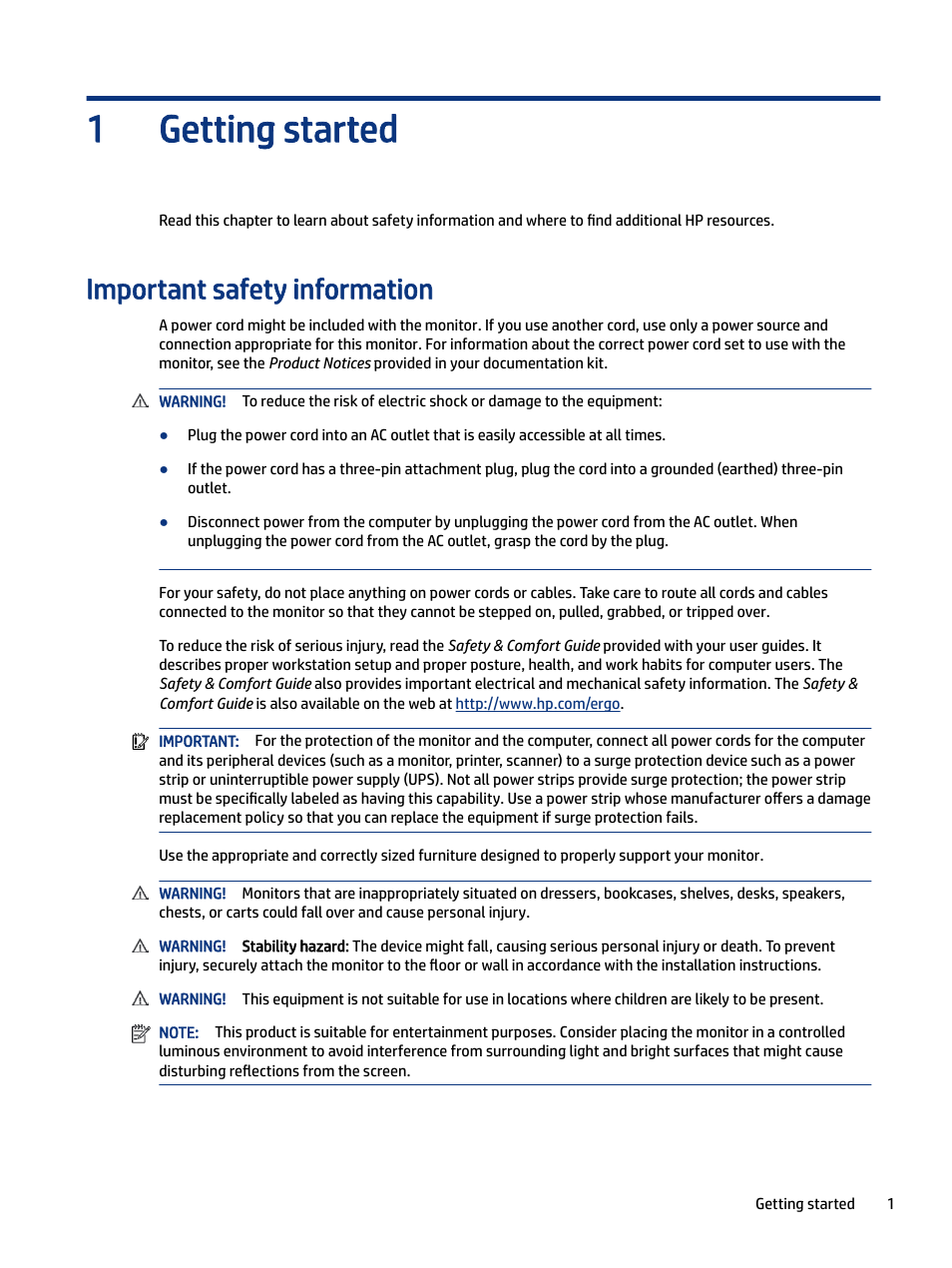 Getting started, Important safety information, Important safety information more hp resources | Preparing to call technical support, Getting to know your monitor, Setting up the monitor, Getting started 1 | HP Z34C G3 34" 21:9 Curved WQHD IPS Monitor User Manual | Page 6 / 45