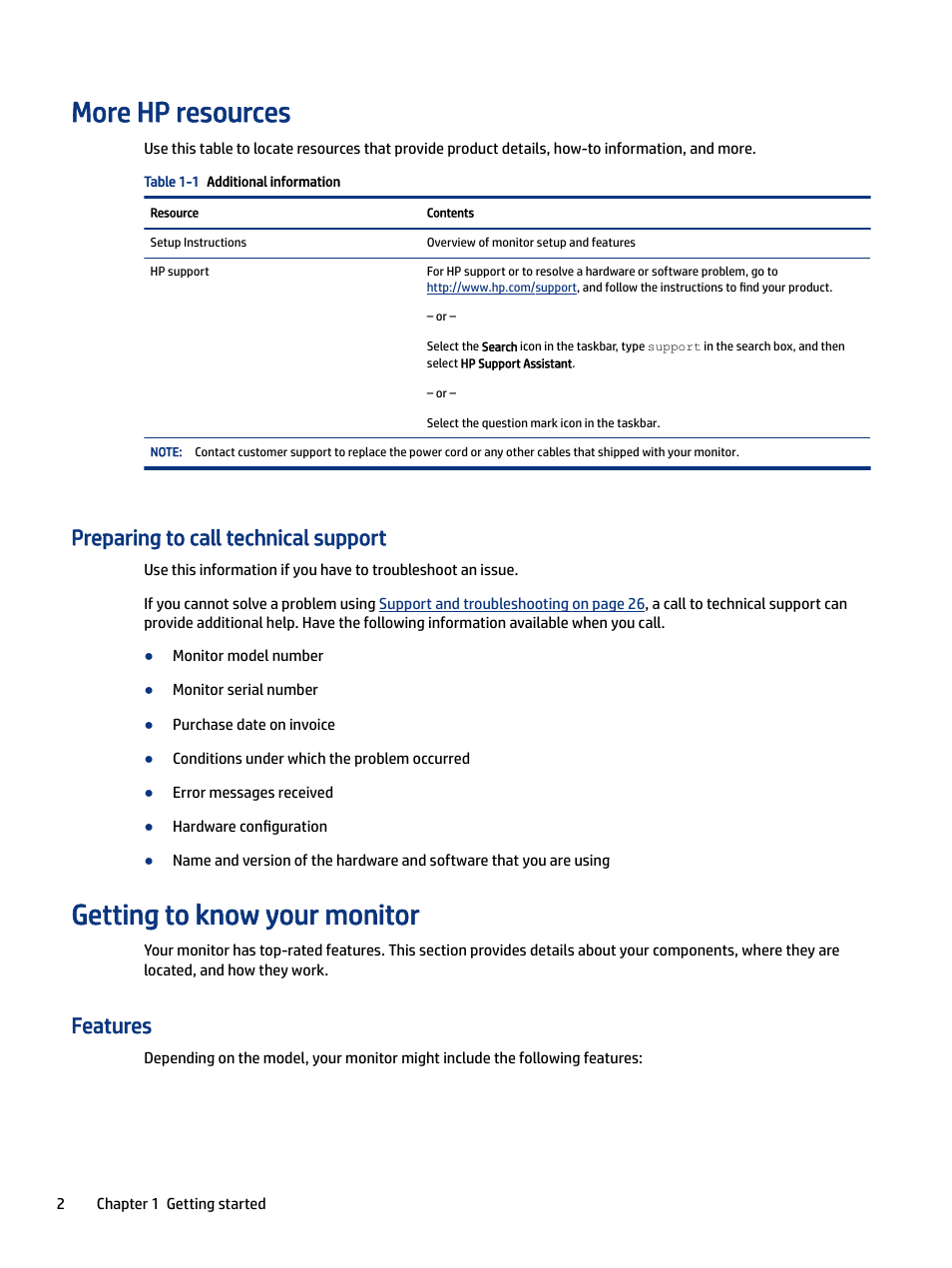 More hp resources, Preparing to call technical support, Getting to know your monitor | Features | HP Z34C G3 34" 21:9 Curved WQHD IPS Monitor User Manual | Page 7 / 45