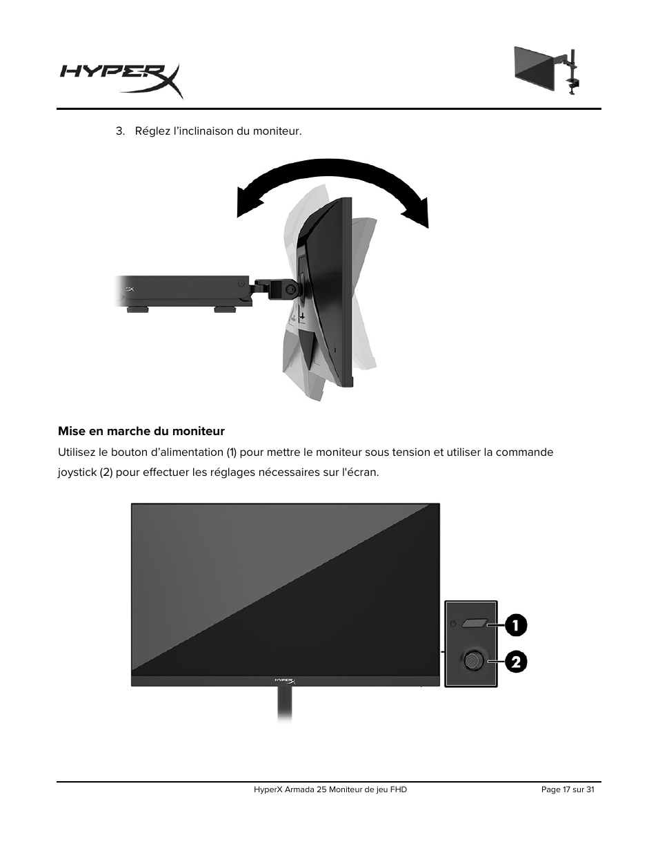 Mise en marche du moniteur | HyperX Armada 25 24.5" 240 Hz Gaming Monitor User Manual | Page 111 / 499