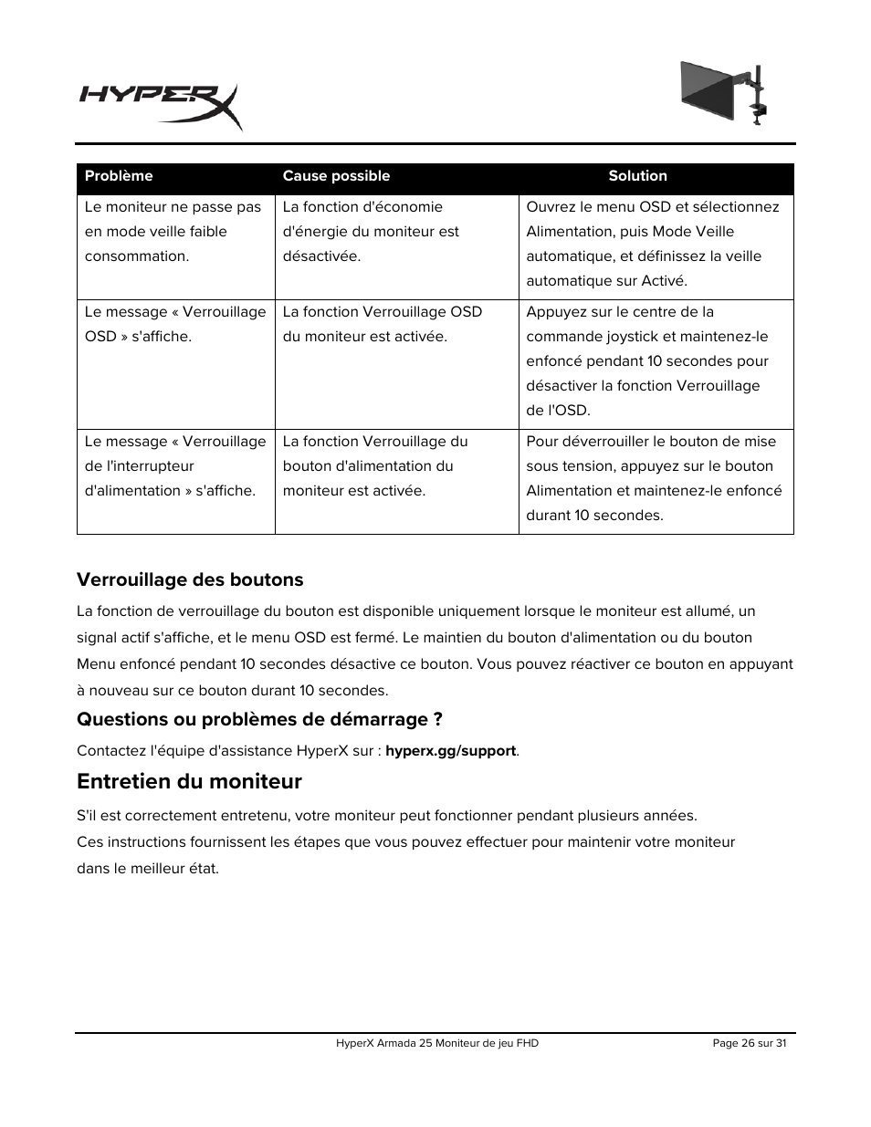 Verrouillage des boutons, Questions ou problèmes de démarrage, Entretien du moniteur | HyperX Armada 25 24.5" 240 Hz Gaming Monitor User Manual | Page 120 / 499