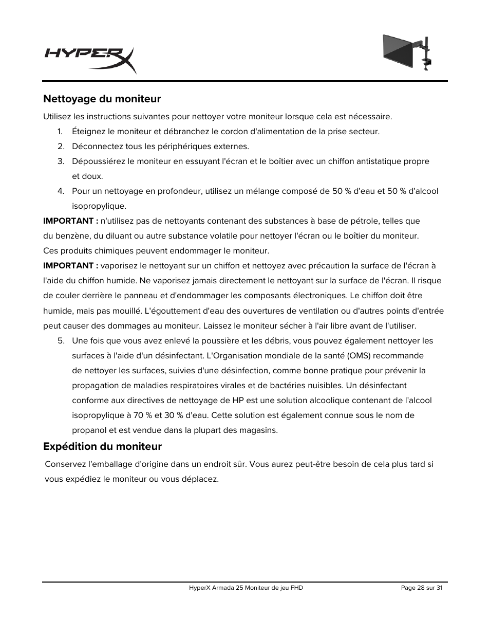 Nettoyage du moniteur, Expédition du moniteur | HyperX Armada 25 24.5" 240 Hz Gaming Monitor User Manual | Page 122 / 499