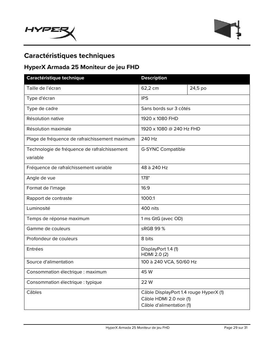 Caractéristiques techniques, Hyperx armada 25 moniteur de jeu fhd | HyperX Armada 25 24.5" 240 Hz Gaming Monitor User Manual | Page 123 / 499