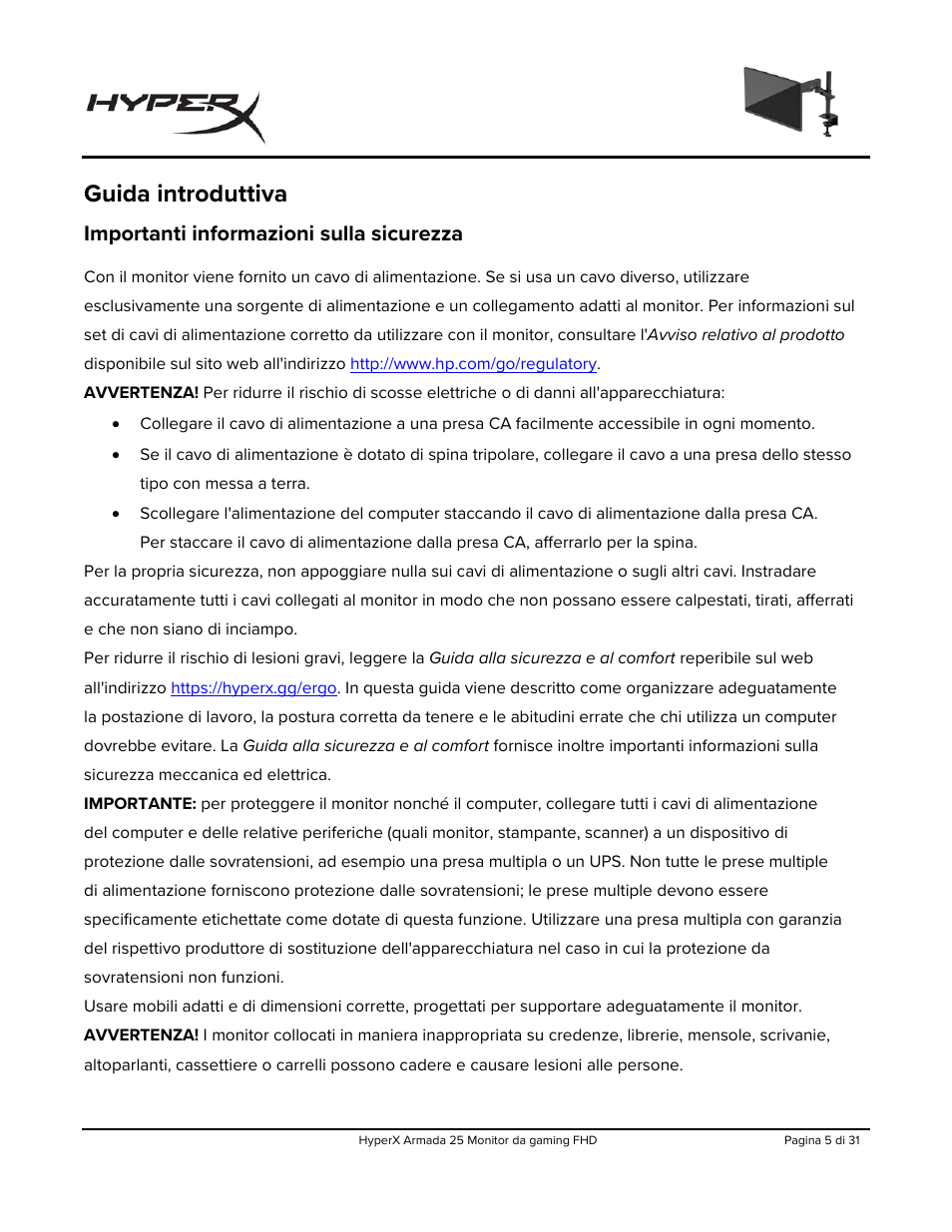 Guida introduttiva, Importanti informazioni sulla sicurezza | HyperX Armada 25 24.5" 240 Hz Gaming Monitor User Manual | Page 130 / 499