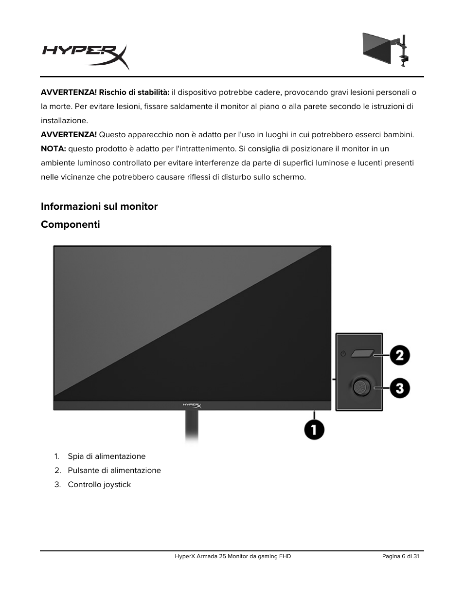 Informazioni sul monitor, Componenti, Informazioni sul monitor componenti | HyperX Armada 25 24.5" 240 Hz Gaming Monitor User Manual | Page 131 / 499