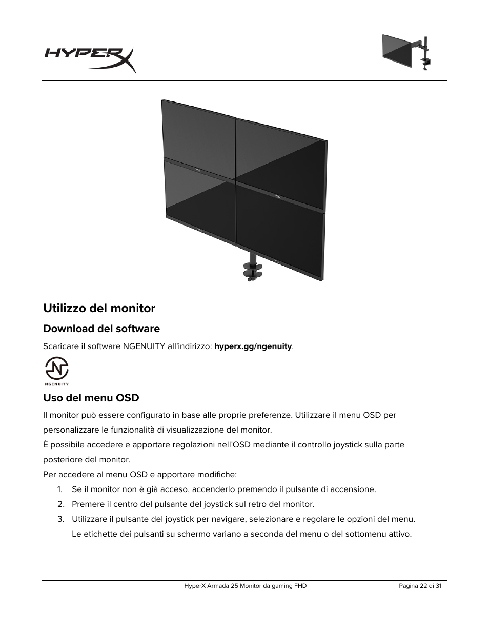 Utilizzo del monitor, Download del software, Uso del menu osd | HyperX Armada 25 24.5" 240 Hz Gaming Monitor User Manual | Page 147 / 499