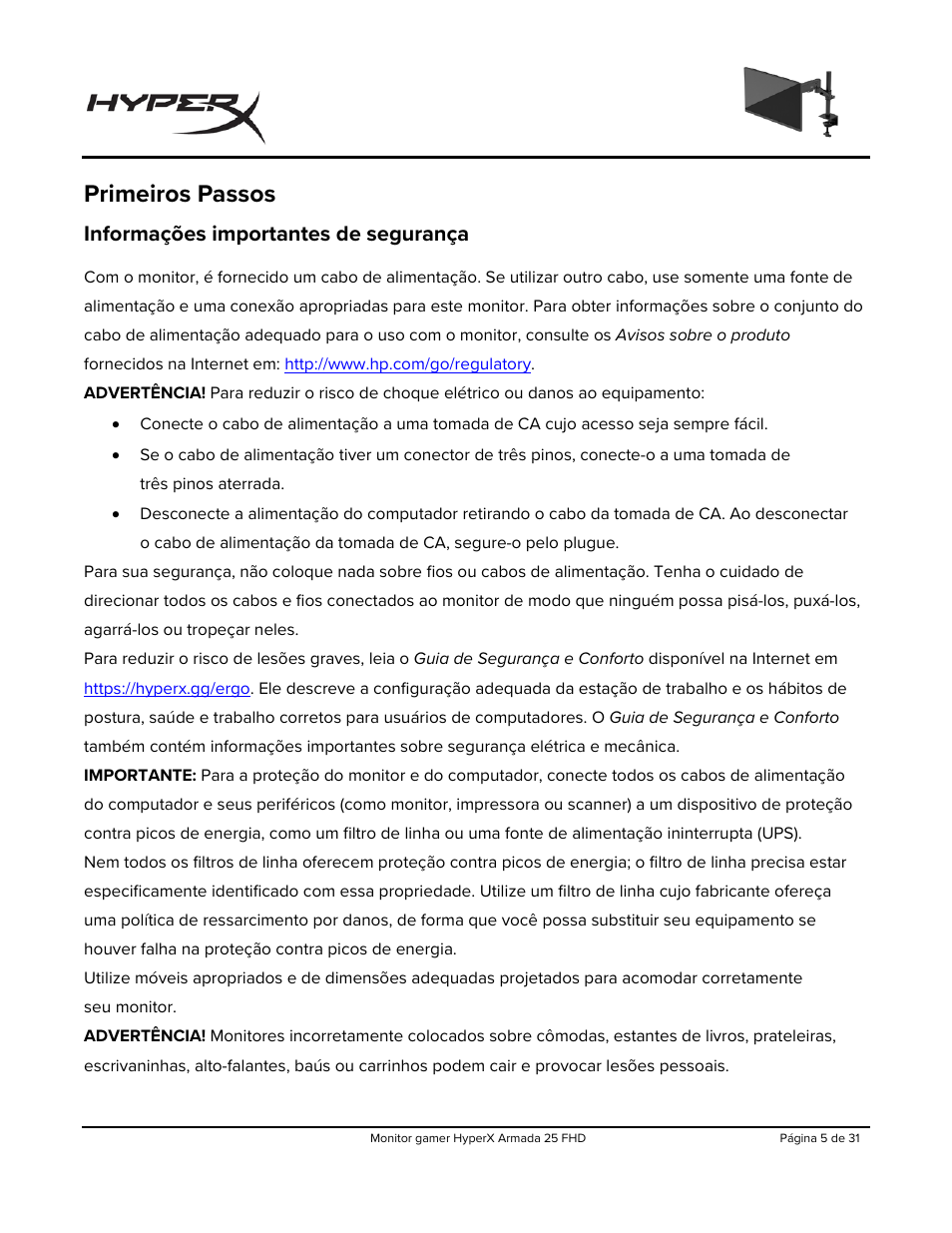 Primeiros passos, Informações importantes de segurança | HyperX Armada 25 24.5" 240 Hz Gaming Monitor User Manual | Page 161 / 499