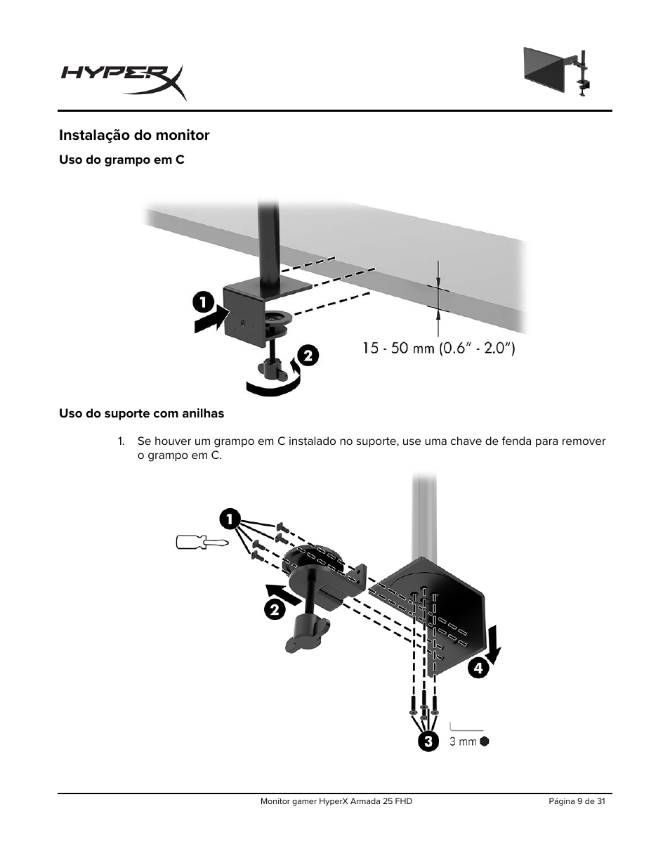 Instalação do monitor, Uso do grampo em c uso do suporte com anilhas | HyperX Armada 25 24.5" 240 Hz Gaming Monitor User Manual | Page 165 / 499